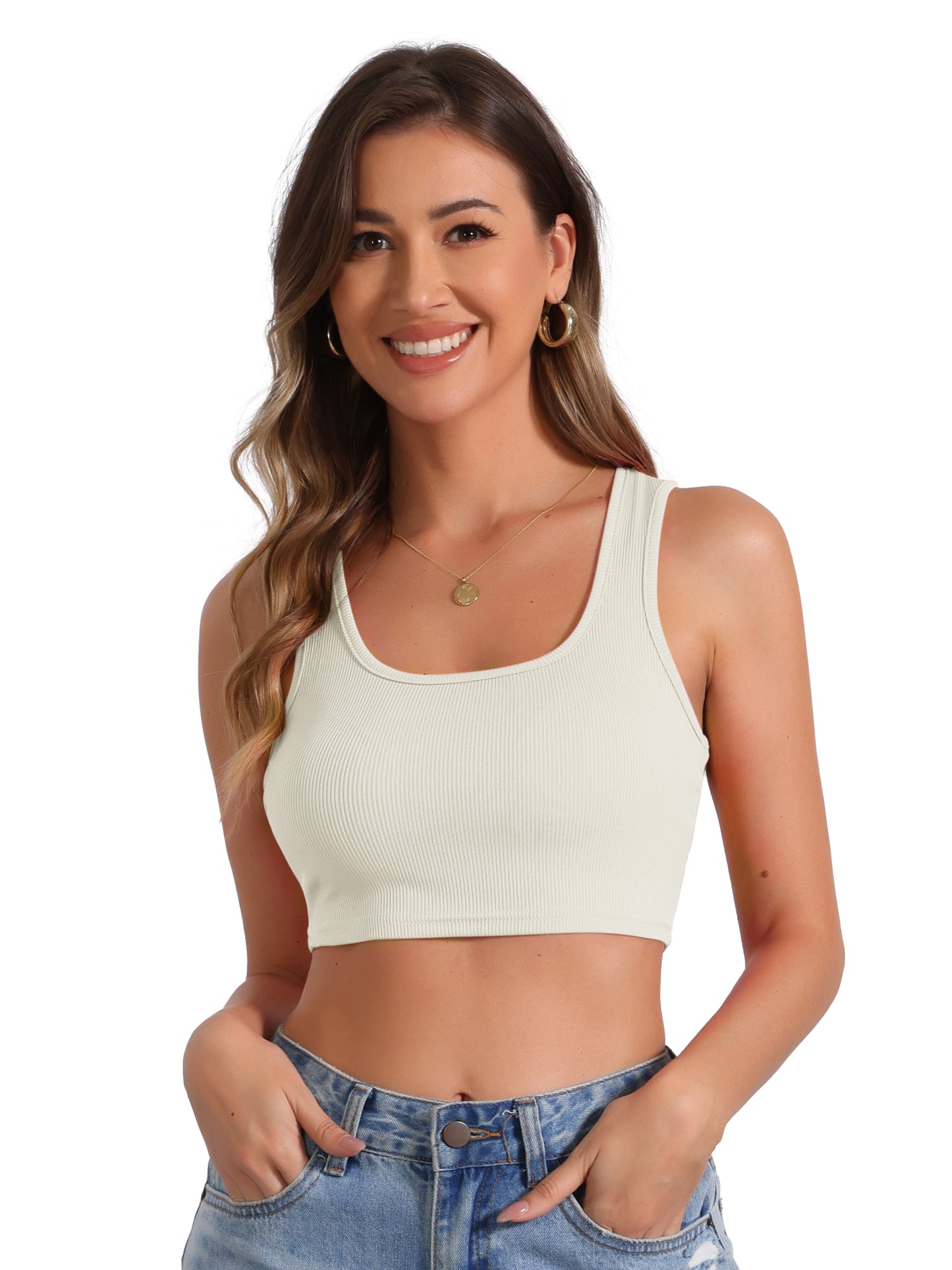 Women's Ribbed Square Neck Vest Tapered Shoulder Sleeveless Workout Tank Top