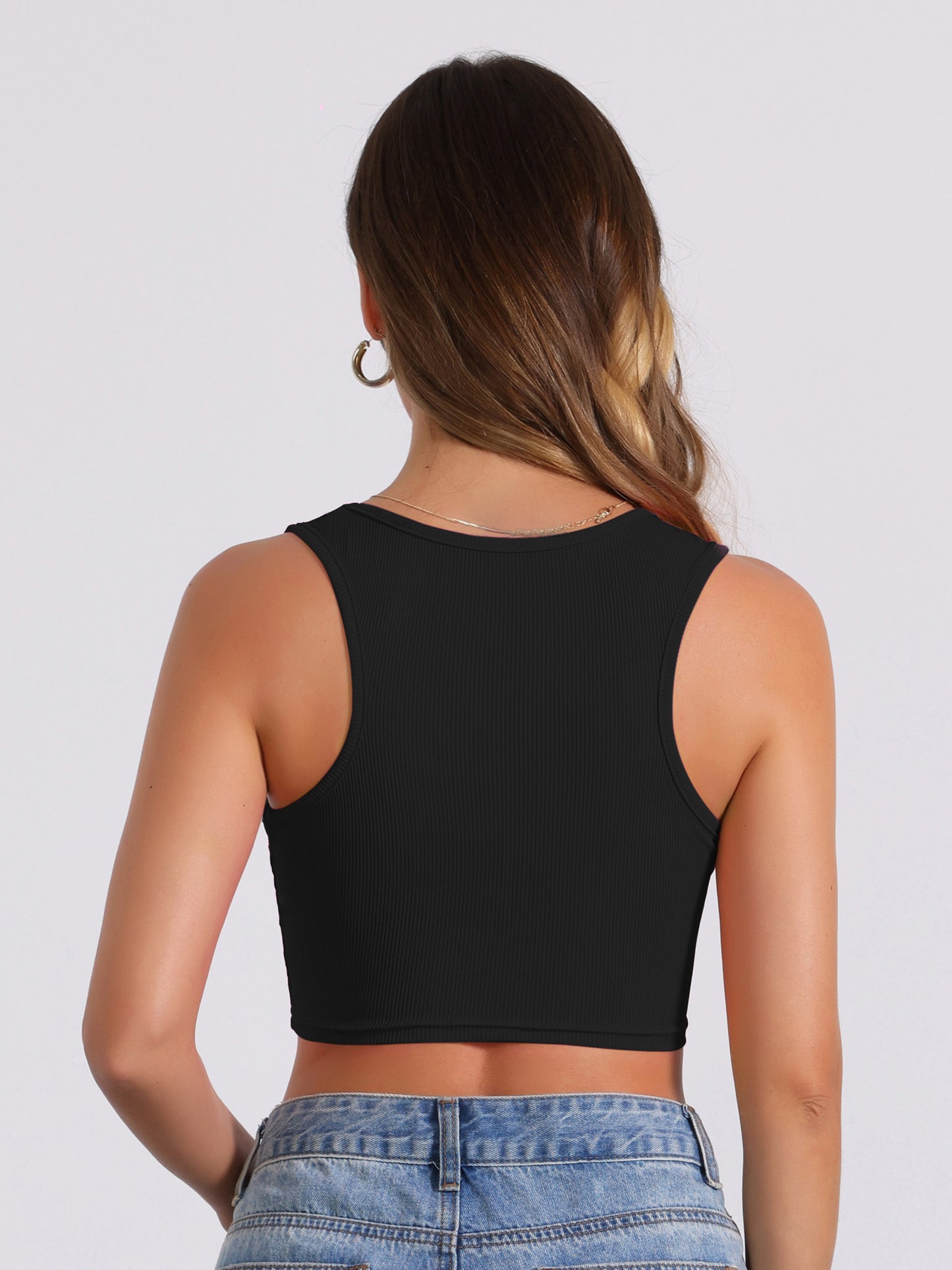 Women's Ribbed Square Neck Vest Tapered Shoulder Sleeveless Workout Tank Top
