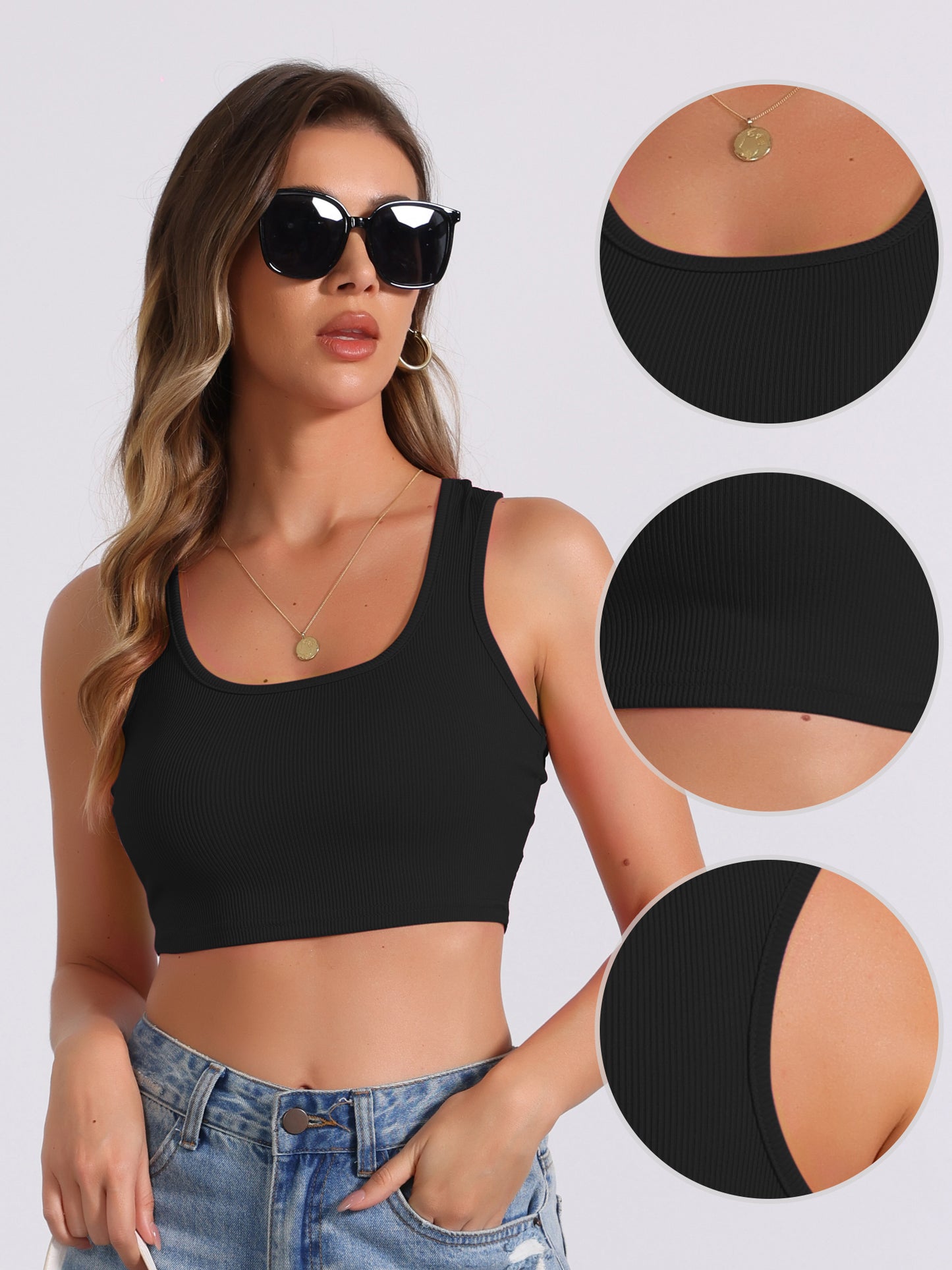 Women's Ribbed Square Neck Vest Tapered Shoulder Sleeveless Workout Tank Top