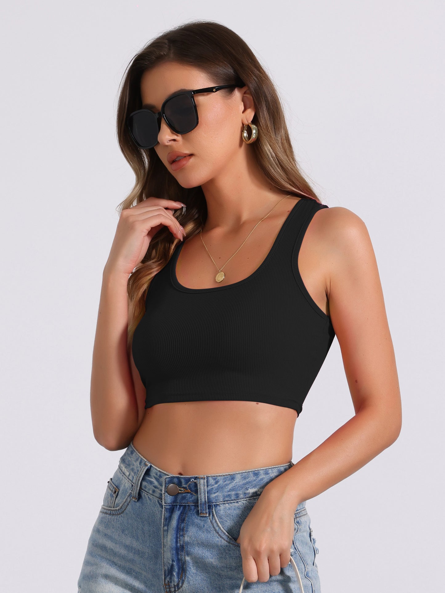 Women's Ribbed Square Neck Vest Tapered Shoulder Sleeveless Workout Tank Top