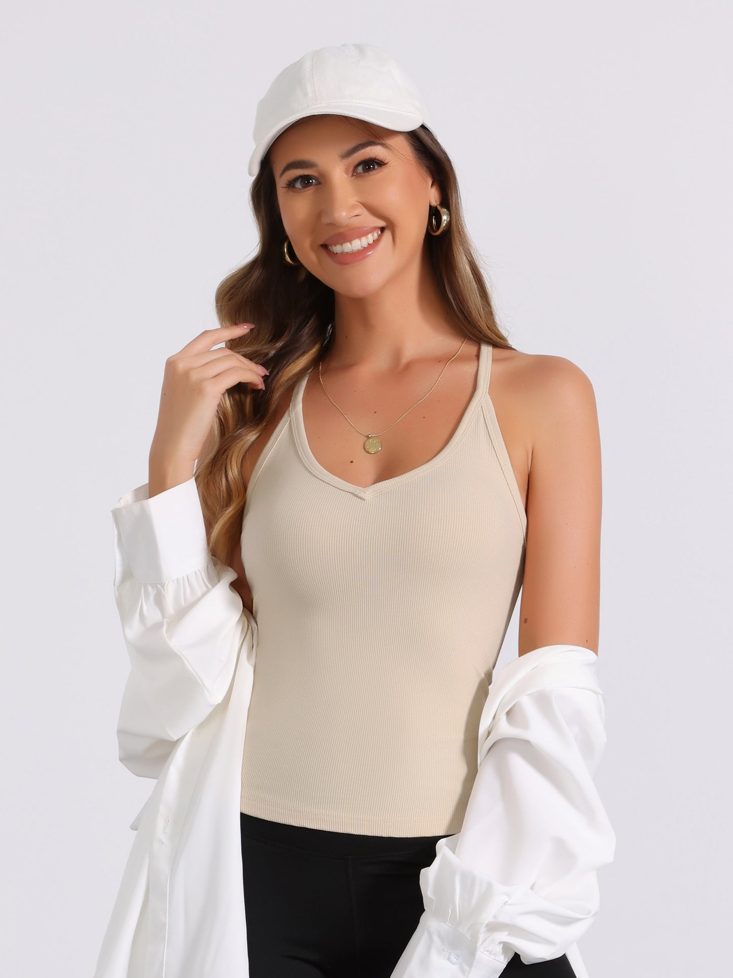 Women's Slim-Fit Camisoles Ribbed Deep V-Neck Comi Workout Tank Top