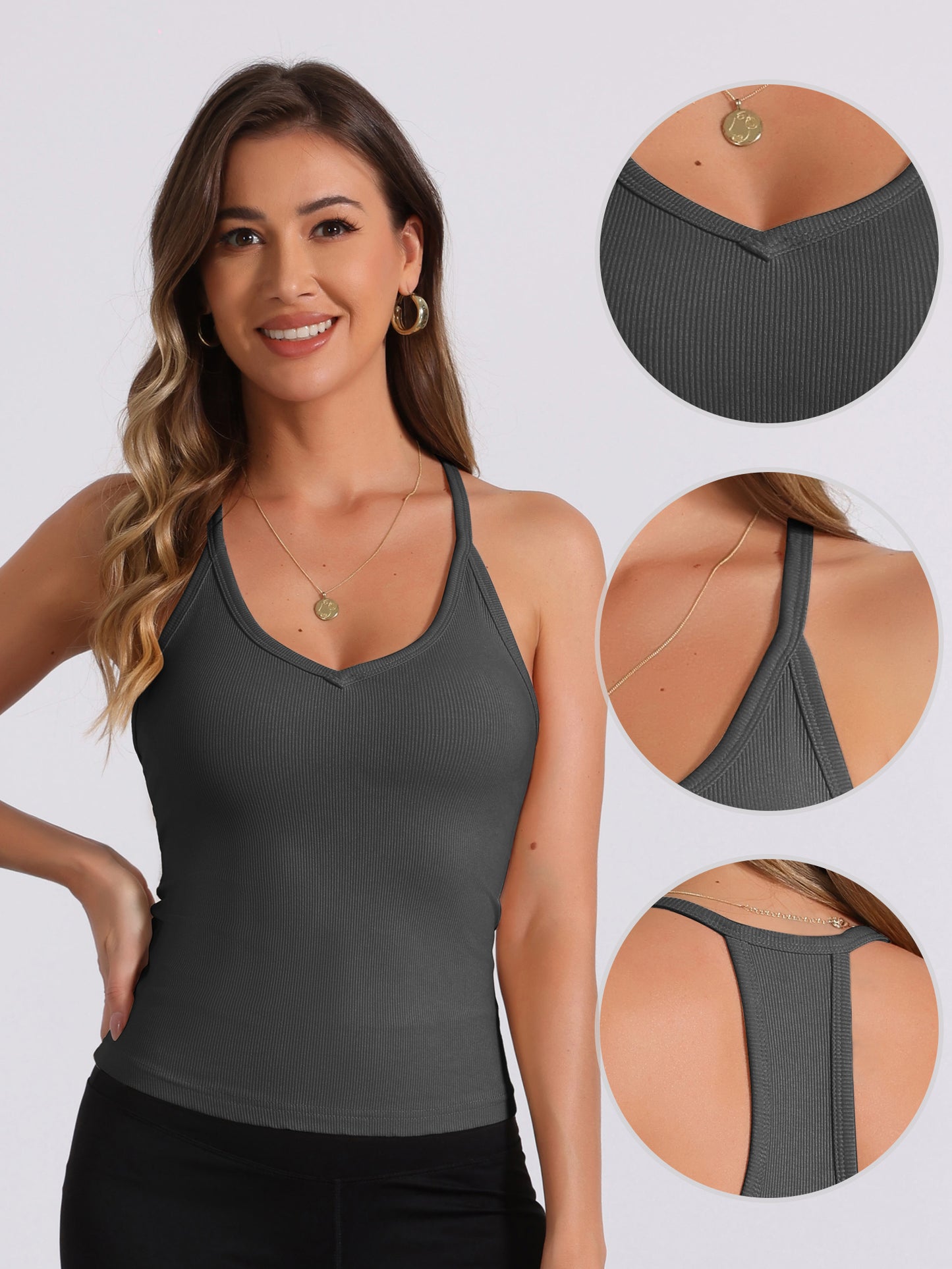 Women's Slim-Fit Camisoles Ribbed Deep V-Neck Comi Workout Tank Top