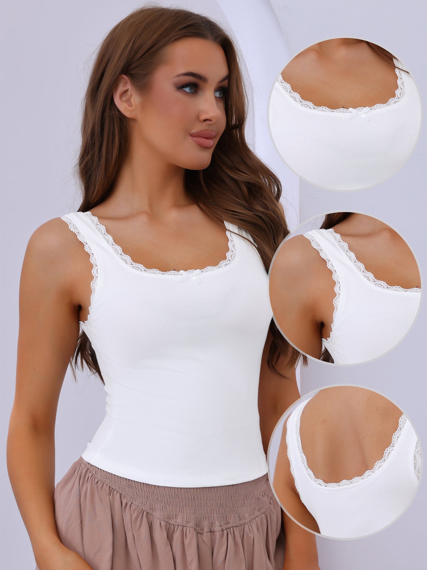 Women's Slim-Fit Lace Trim Camisoles Ribbed Square Neck Tank Top
