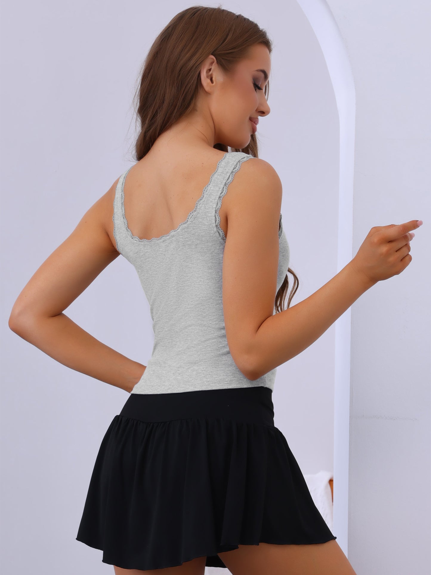 Women's Slim-Fit Lace Trim Camisoles Ribbed Square Neck Tank Top