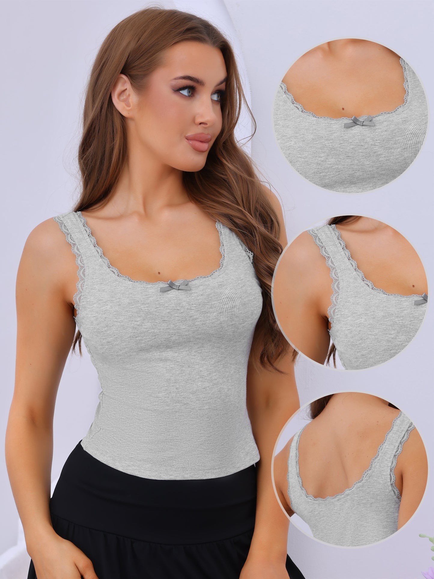 Women's Slim-Fit Lace Trim Camisoles Ribbed Square Neck Tank Top
