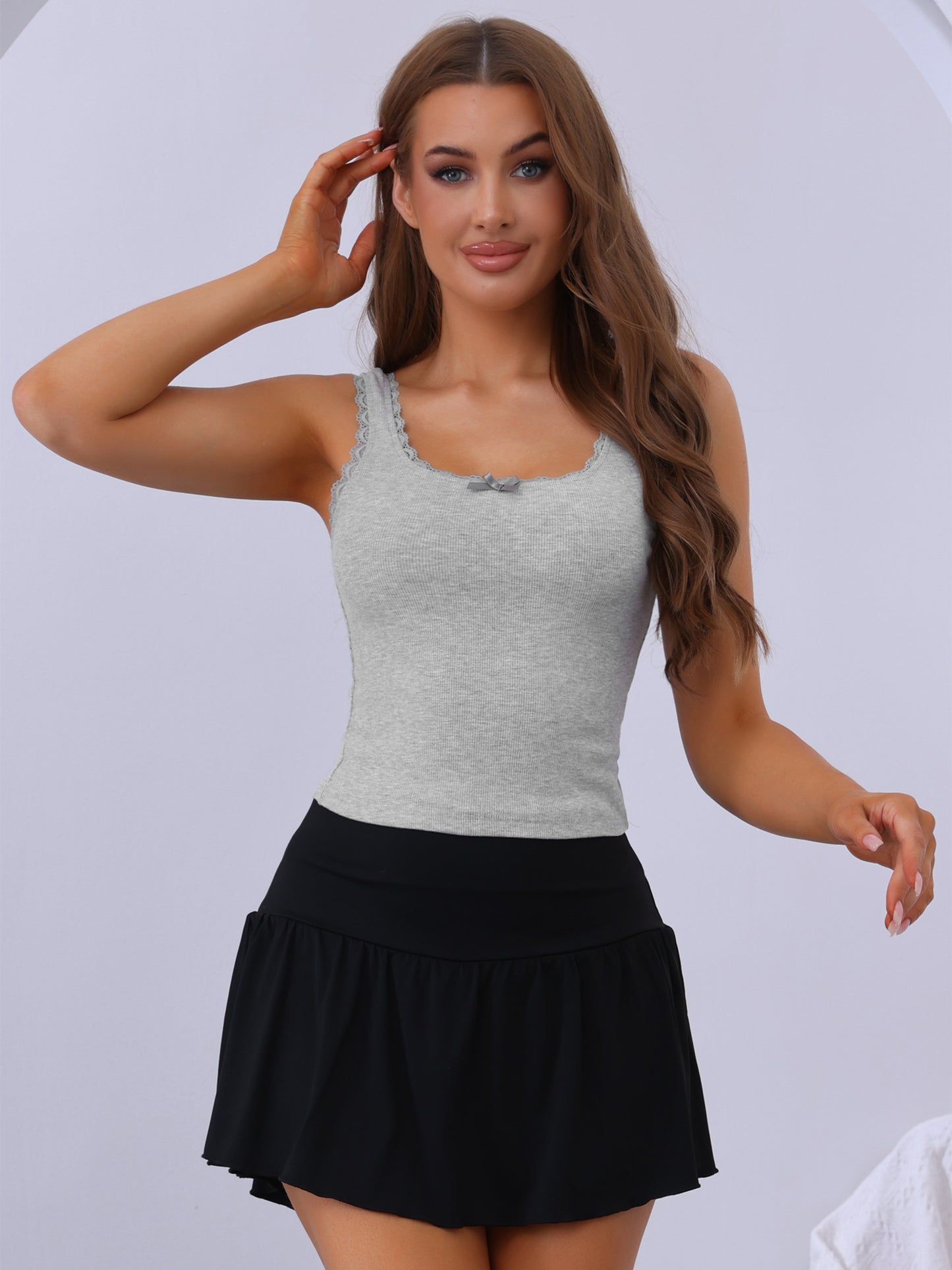 Women's Slim-Fit Lace Trim Camisoles Ribbed Square Neck Tank Top