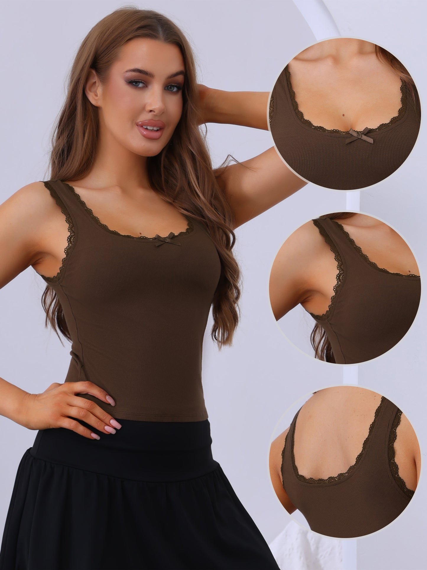 Women's Slim-Fit Lace Trim Camisoles Ribbed Square Neck Tank Top
