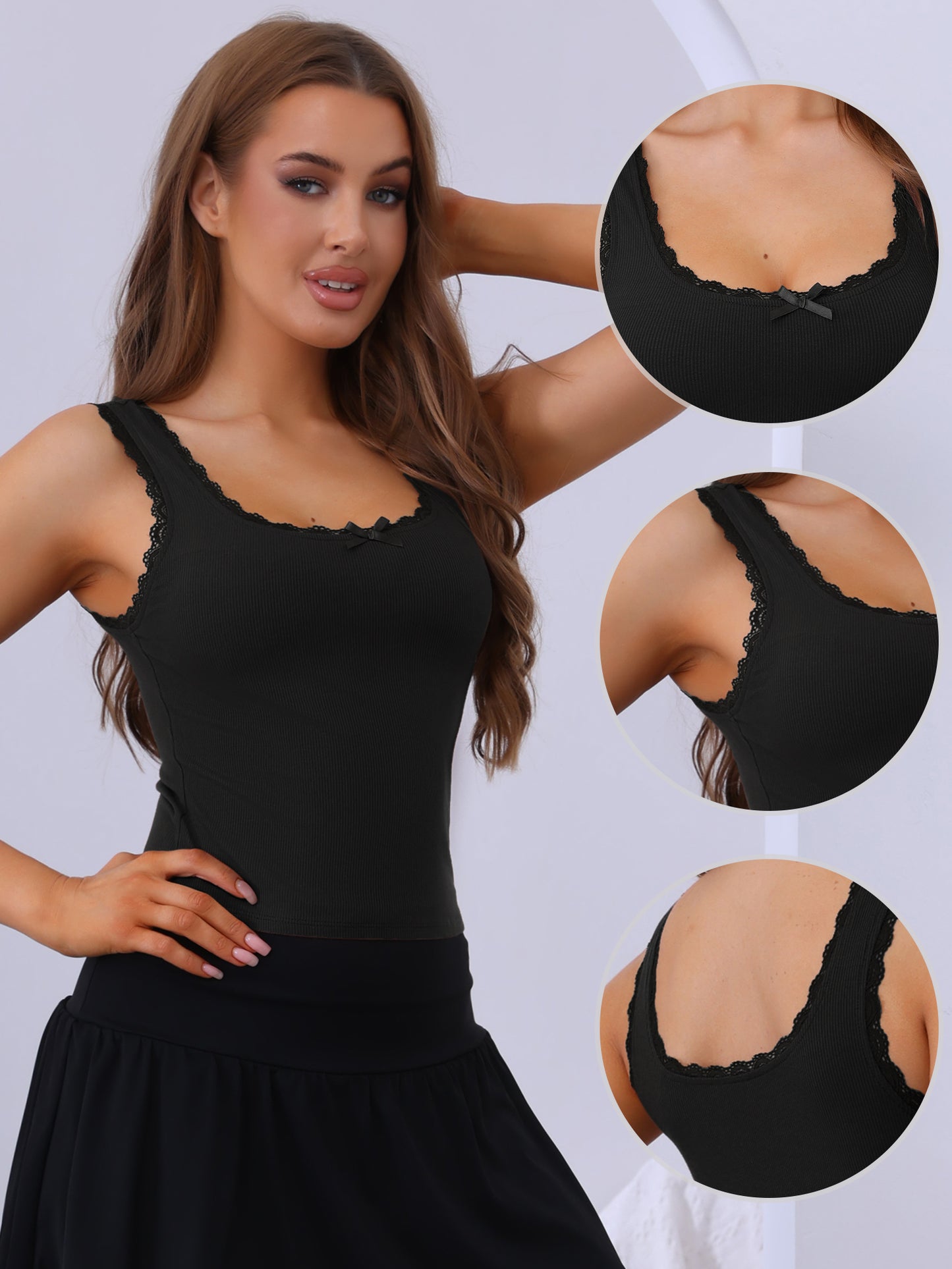 Women's Slim-Fit Lace Trim Camisoles Ribbed Square Neck Tank Top