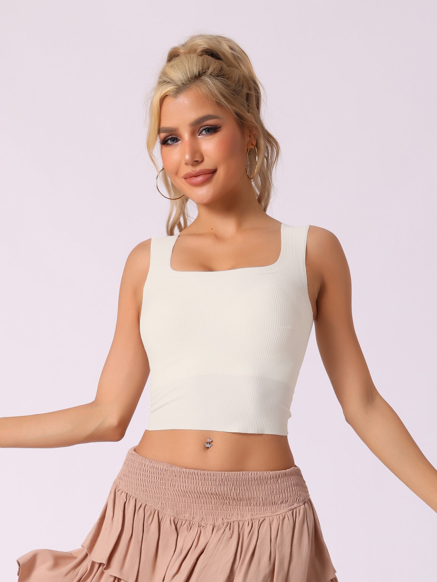 Women's Ribbed Tank Top with Built-In Bra Slim Fit Square Neck Undershirt