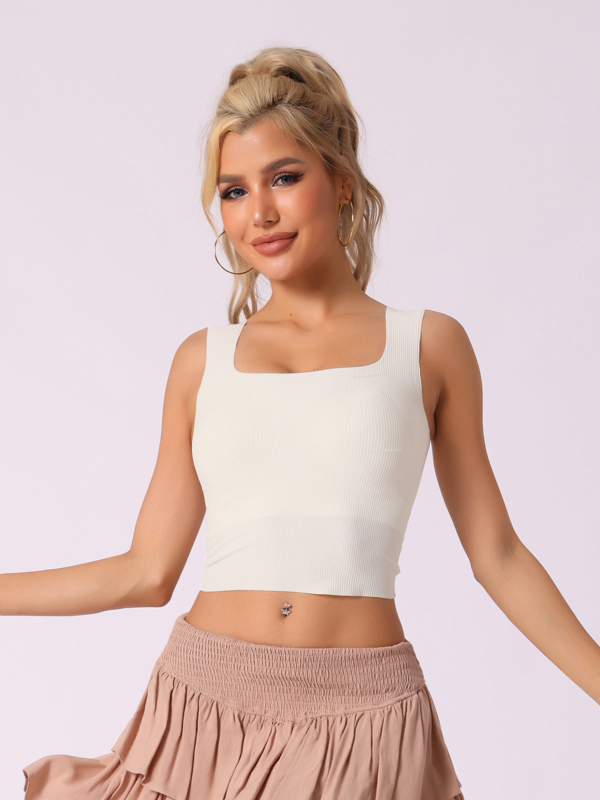 Women's Ribbed Tank Top with Built-In Bra Slim Fit Square Neck Undershirt