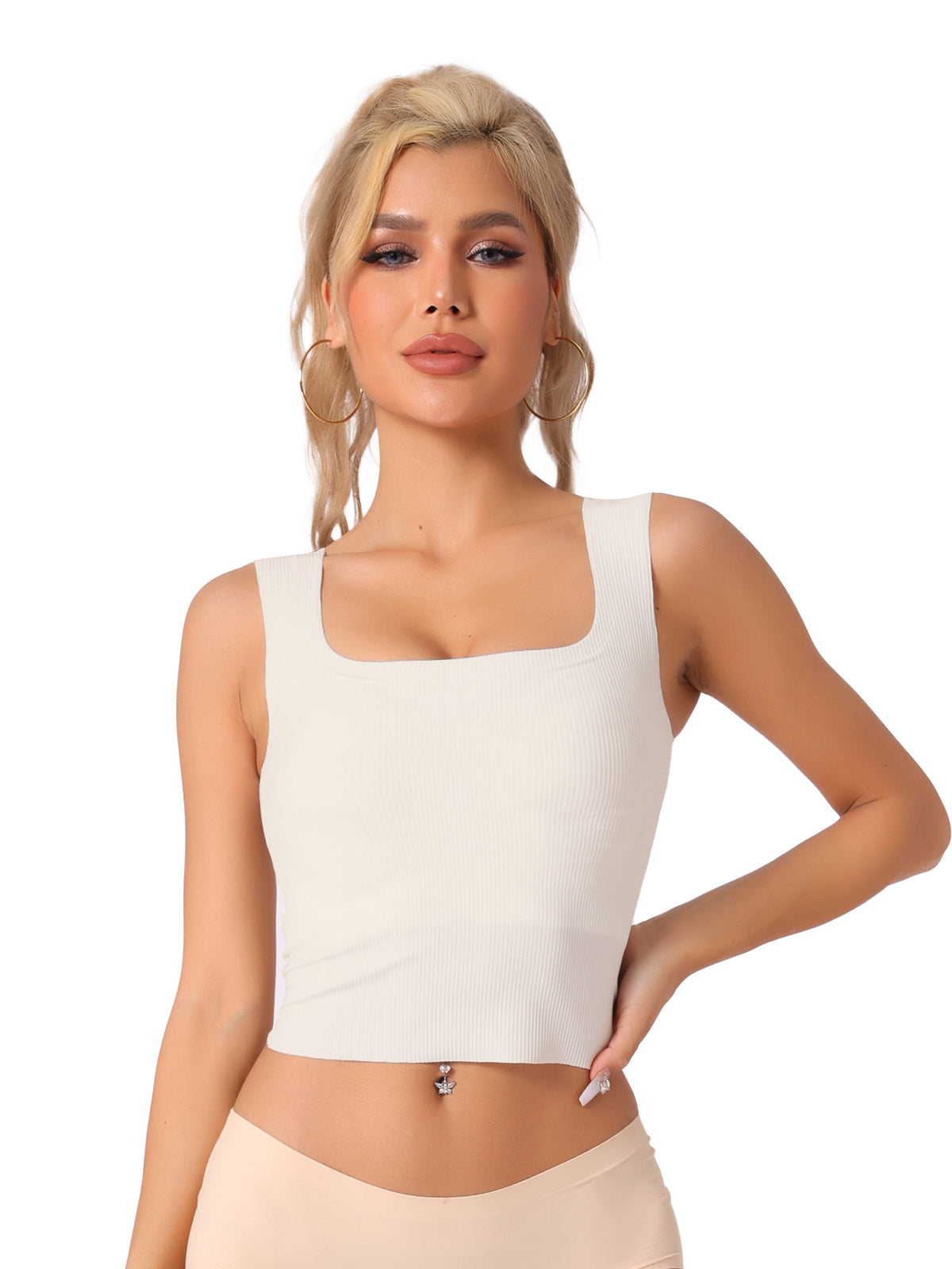 Women's Ribbed Tank Top with Built-In Bra Slim Fit Square Neck Undershirt