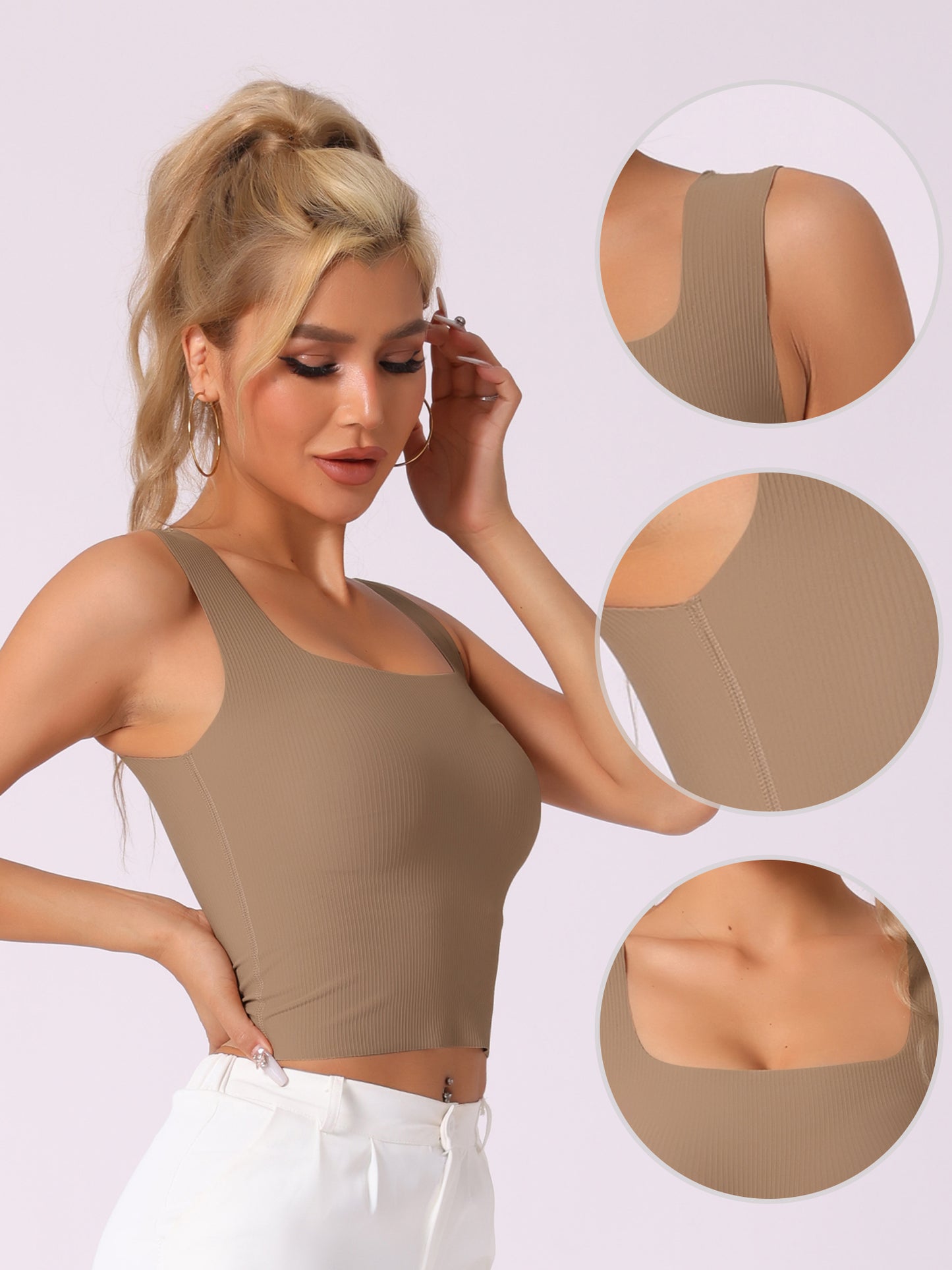 Women's Ribbed Tank Top with Built-In Bra Slim Fit Square Neck Undershirt