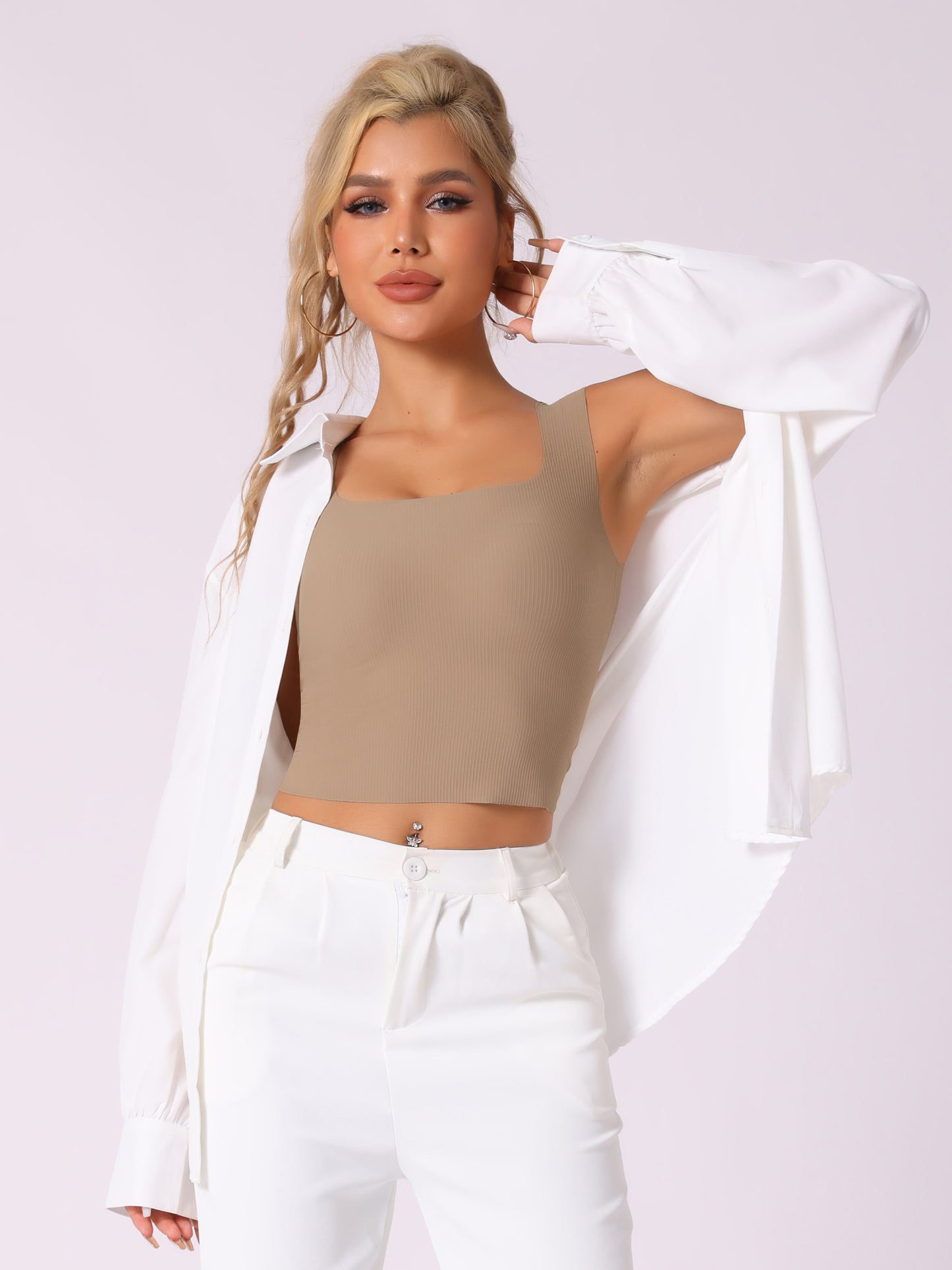 Women's Ribbed Tank Top with Built-In Bra Slim Fit Square Neck Undershirt