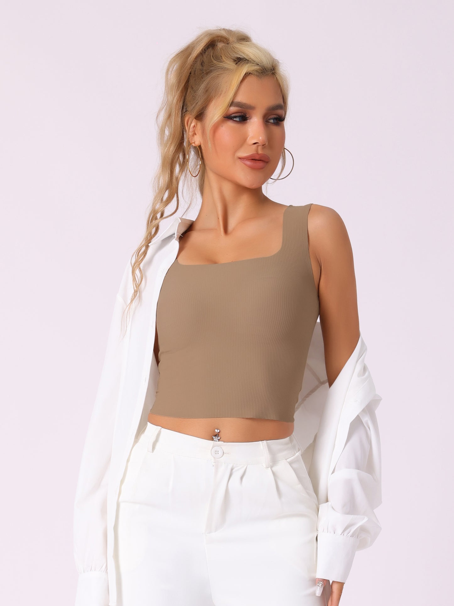 Women's Ribbed Tank Top with Built-In Bra Slim Fit Square Neck Undershirt