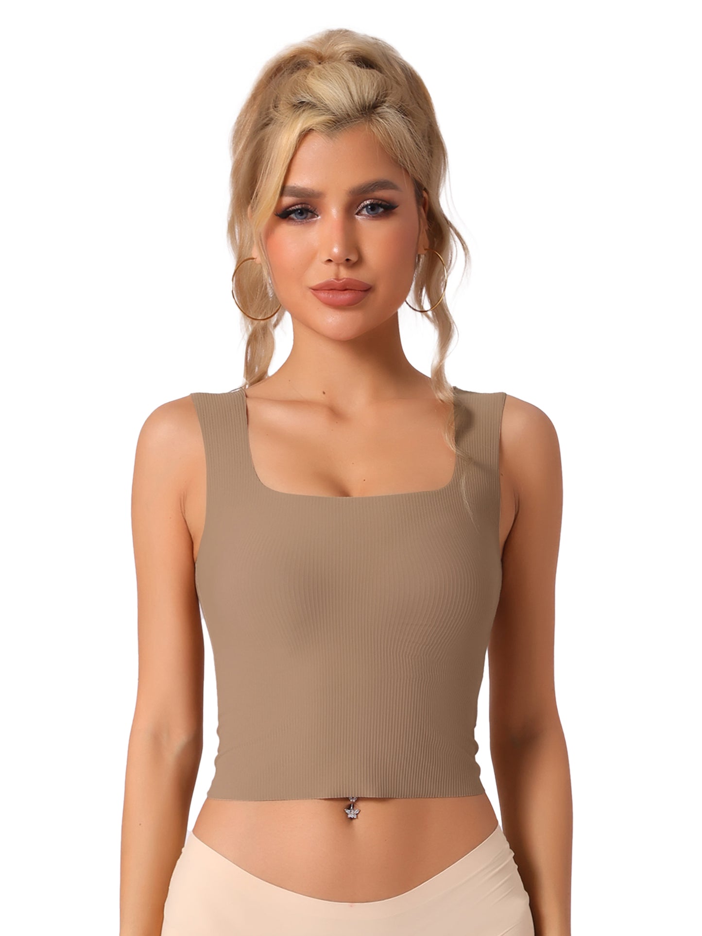 Women's Ribbed Tank Top with Built-In Bra Slim Fit Square Neck Undershirt