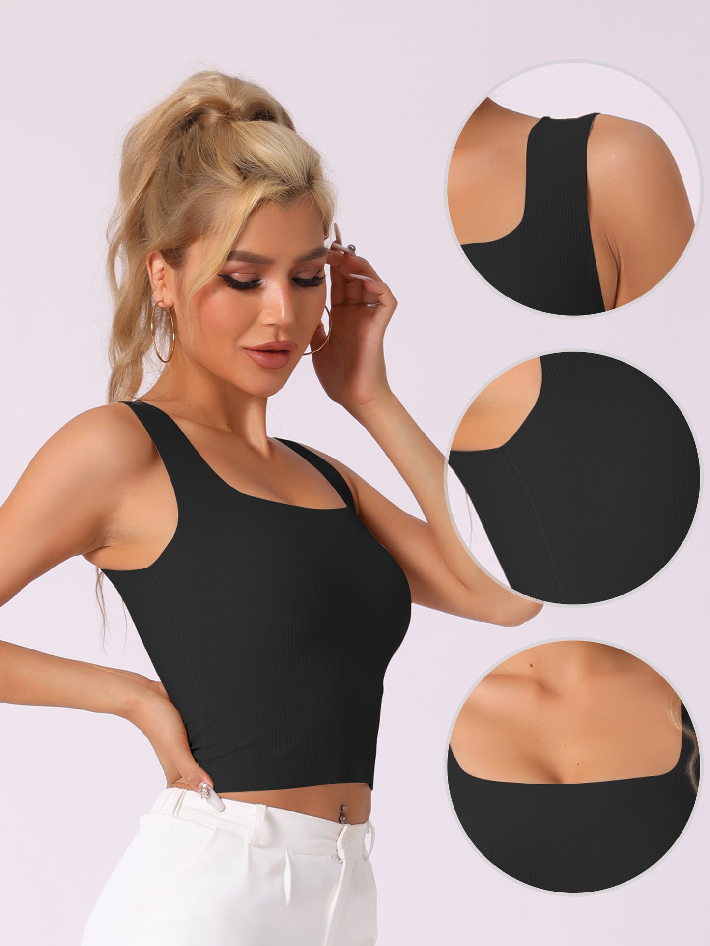 Women's Ribbed Tank Top with Built-In Bra Slim Fit Square Neck Undershirt