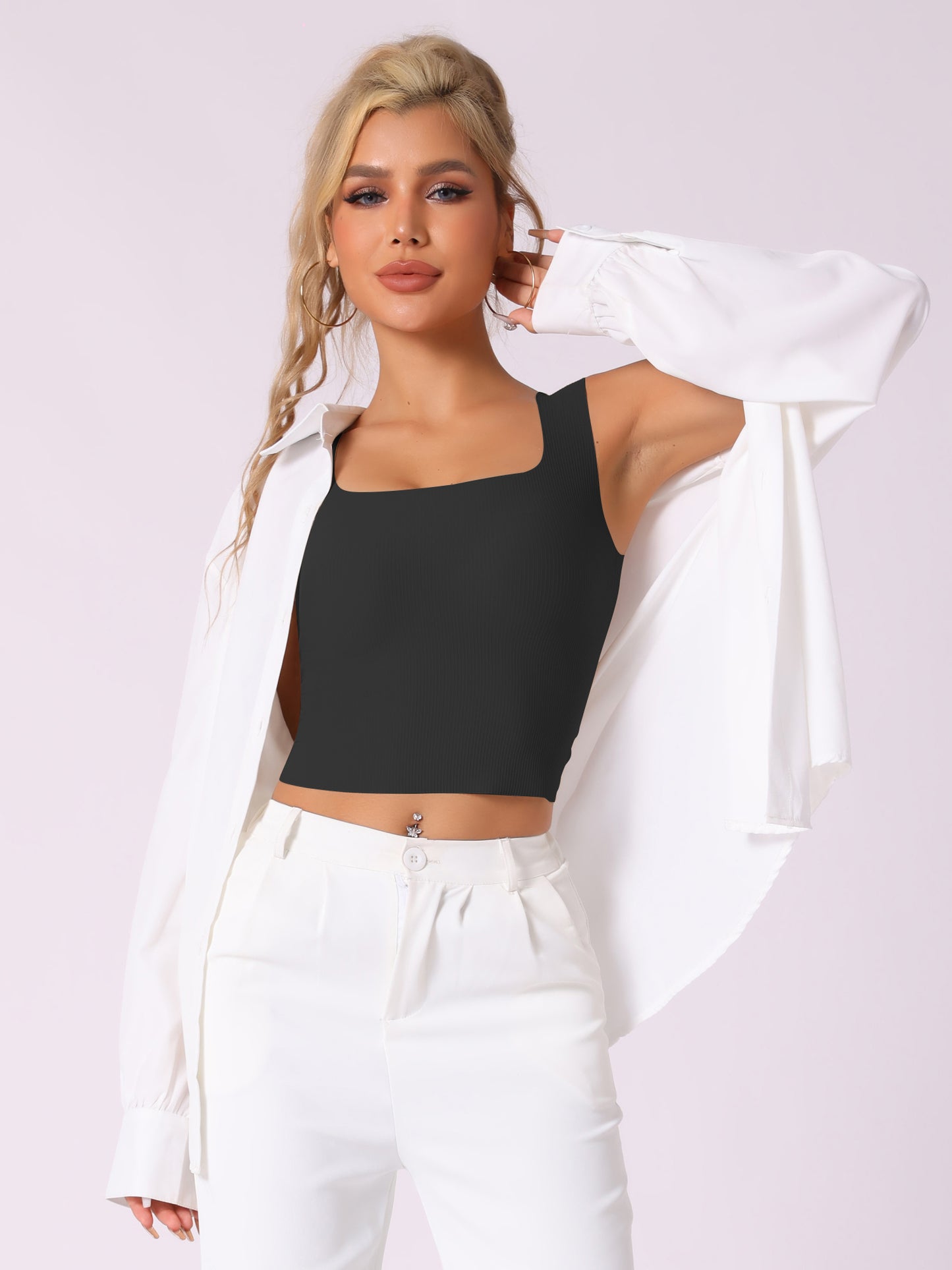 Women's Ribbed Tank Top with Built-In Bra Slim Fit Square Neck Undershirt