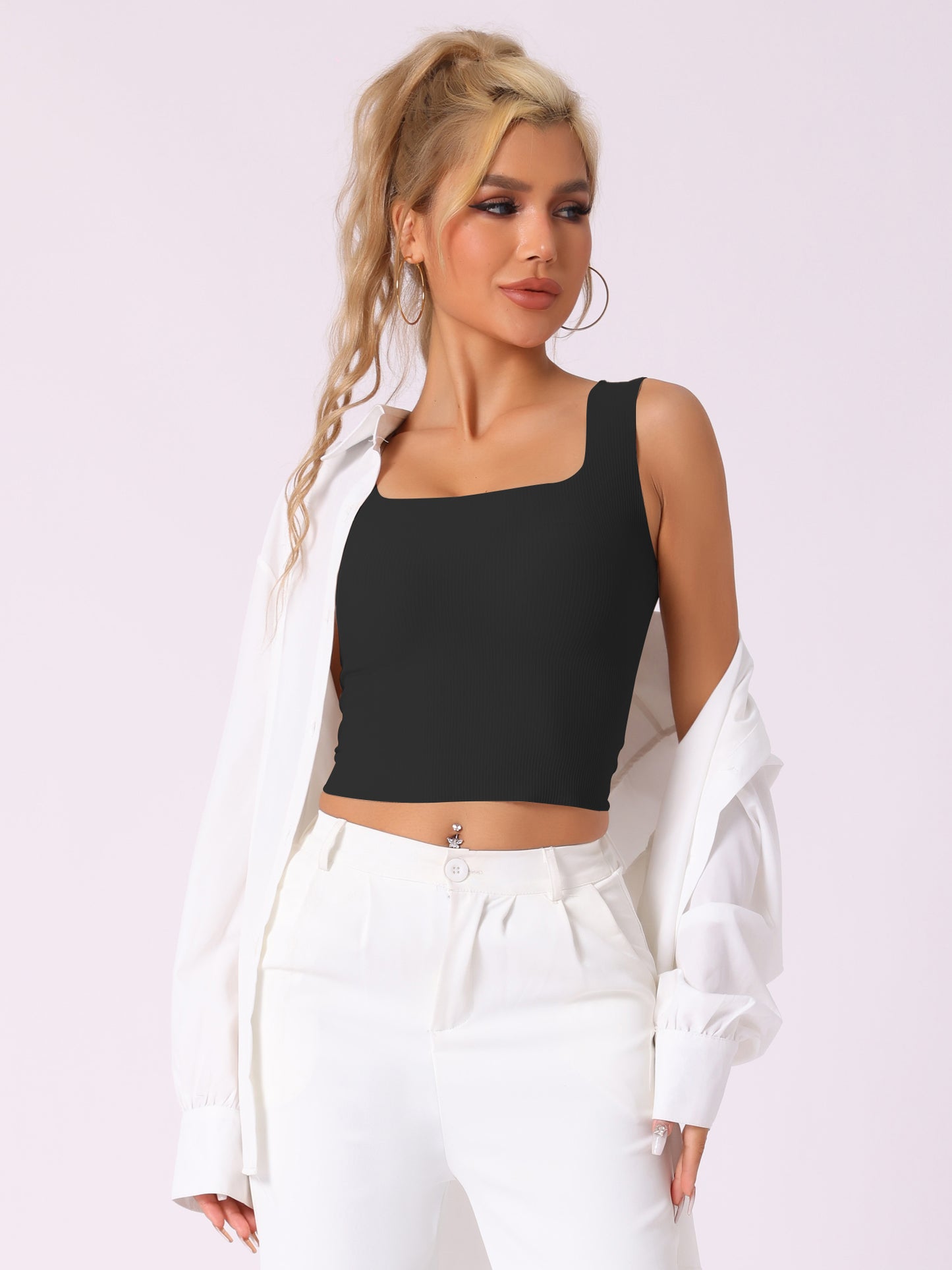 Women's Ribbed Tank Top with Built-In Bra Slim Fit Square Neck Undershirt