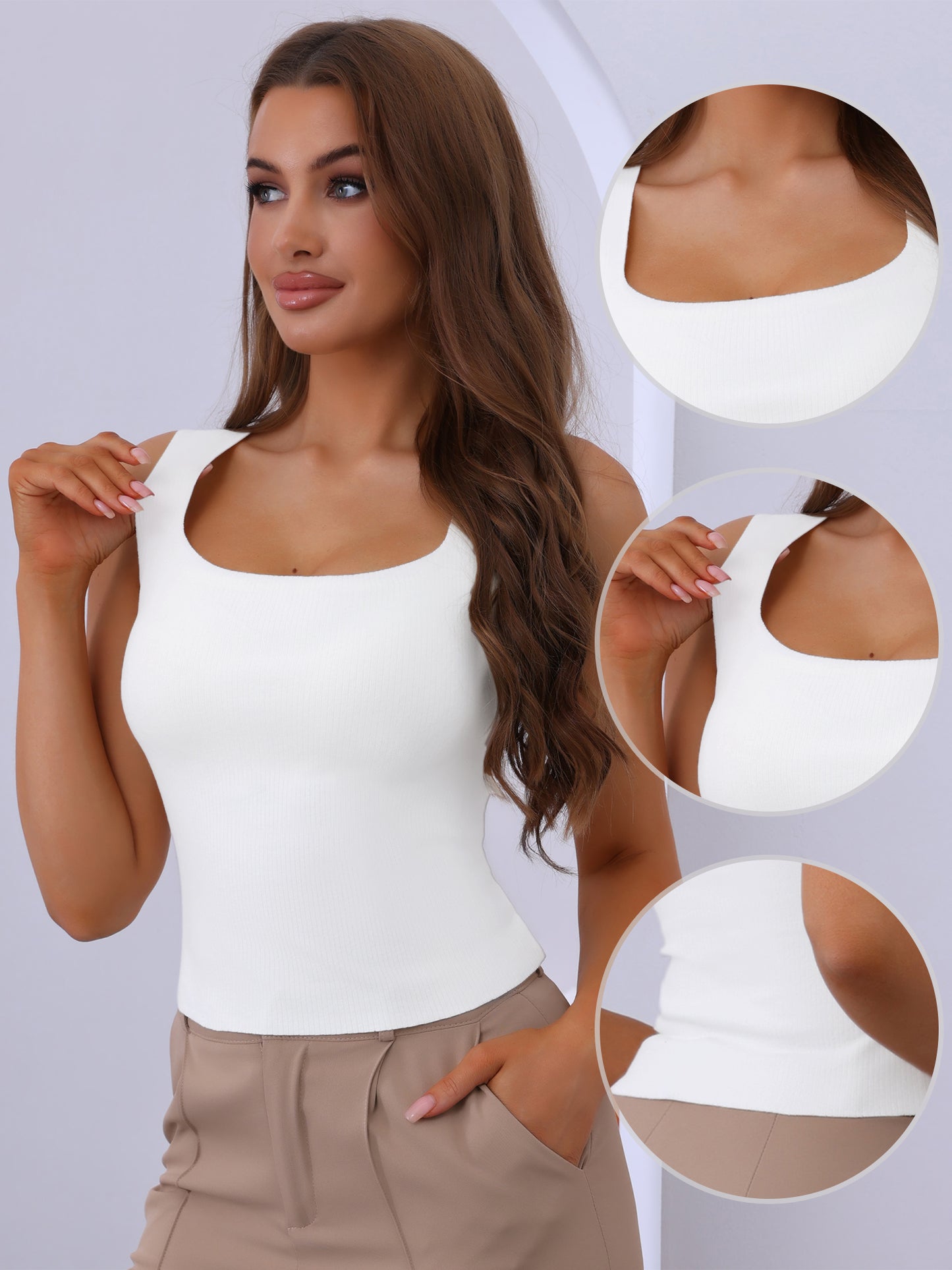 Women's Square Neck Warm Camisole with Built-In Bra Ribbed Undershirt Underwear
