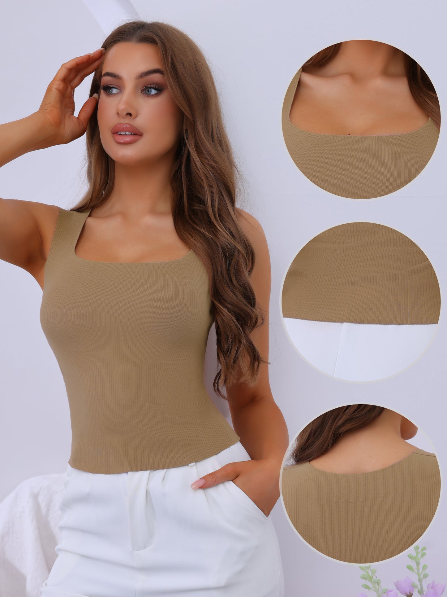 Women's Square Neck Warm Camisole with Built-In Bra Ribbed Undershirt Underwear