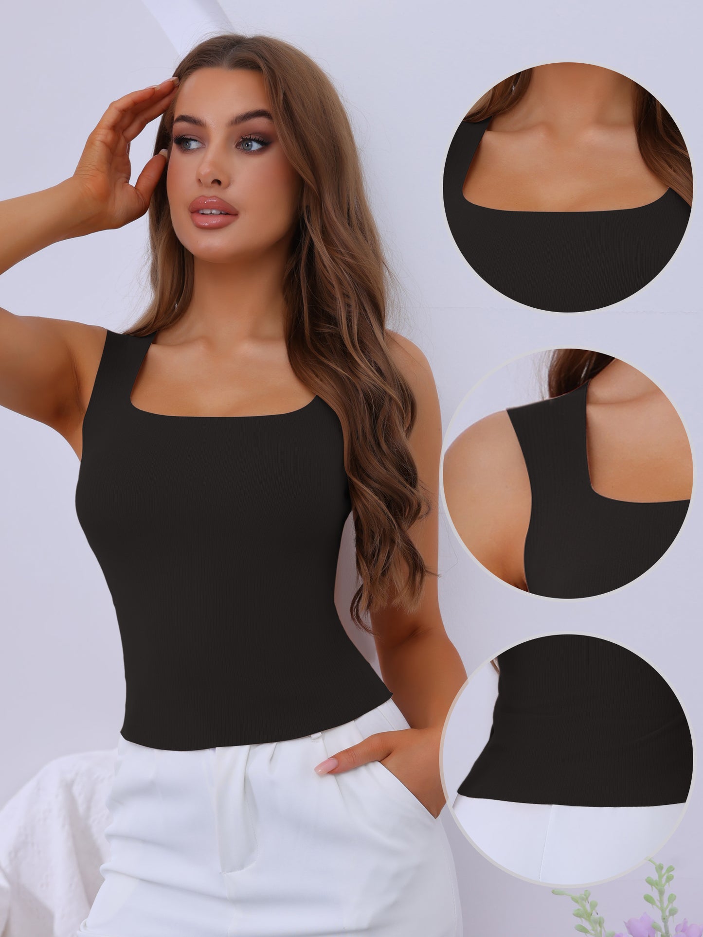 Women's Square Neck Warm Camisole with Built-In Bra Ribbed Undershirt Underwear