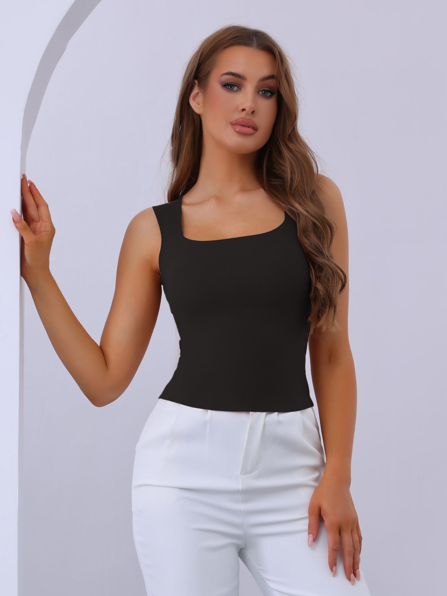 Women's Square Neck Warm Camisole with Built-In Bra Ribbed Undershirt Underwear