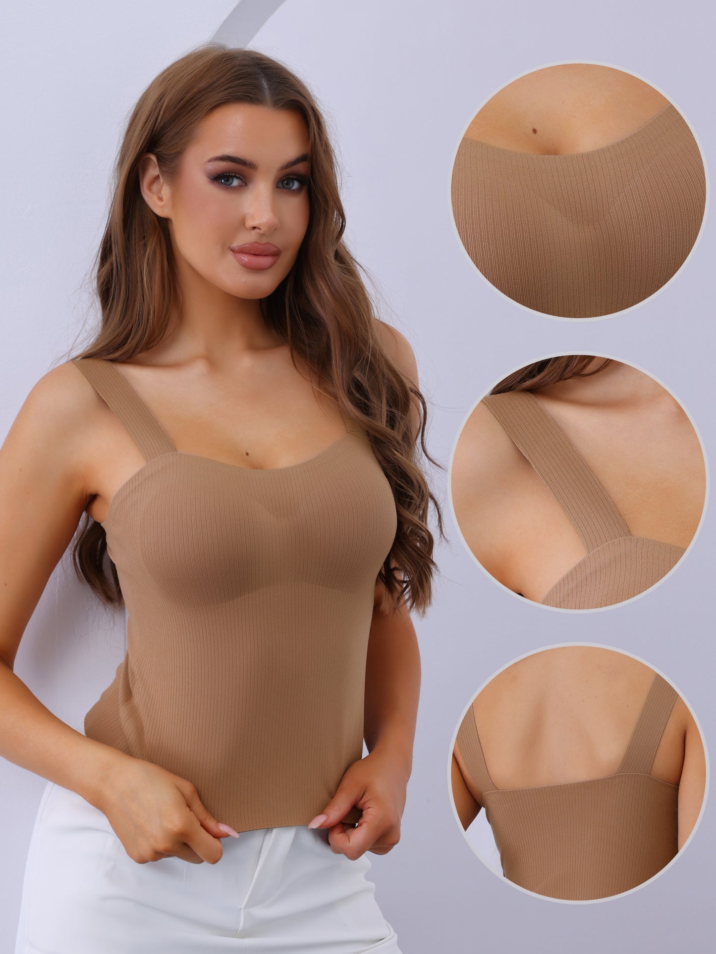 Women's U-Neck Warm Camisole with Built-In Bra Ribbed Undershirt