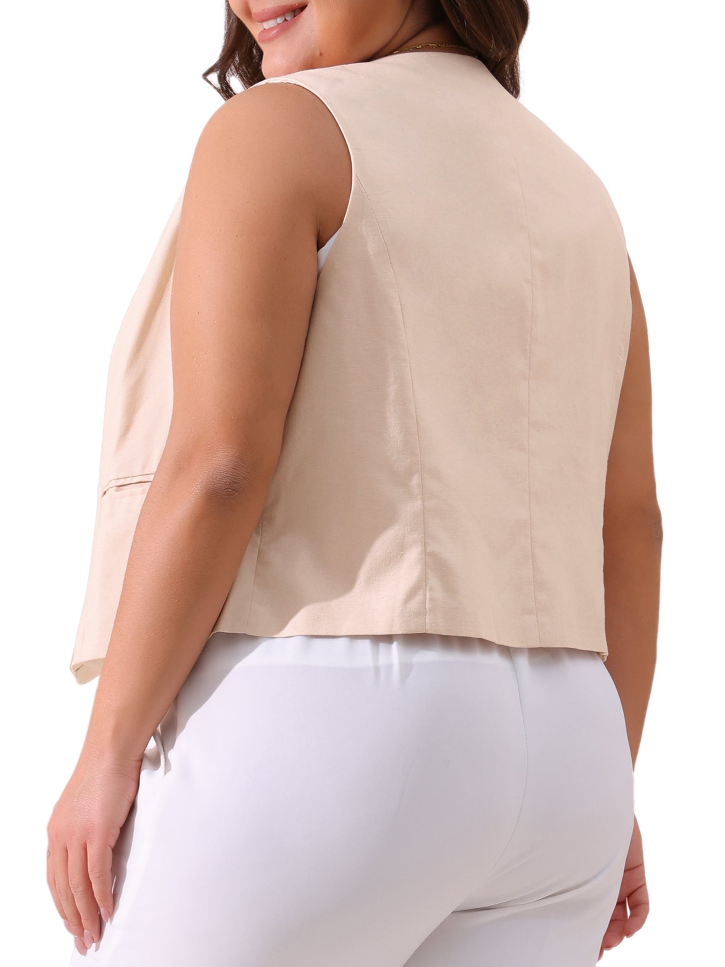 Women Plus Size Linen Vest Sleeveless Lined Waistcoat Vest Top with Pockets