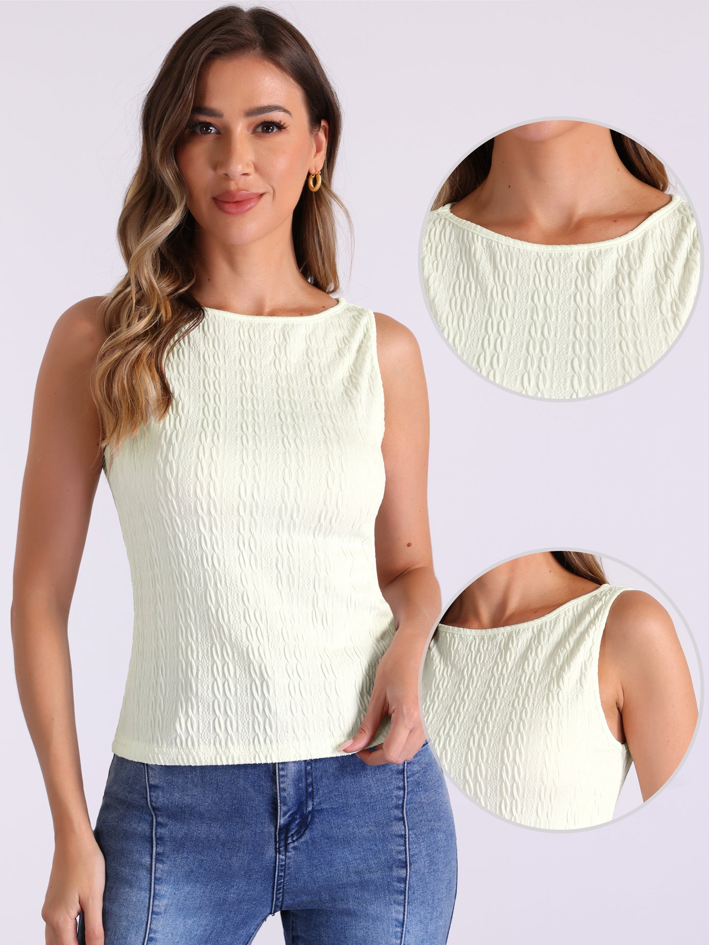 Women's Knit Sleeveless Boat Neck Fitted Textured Tank Top