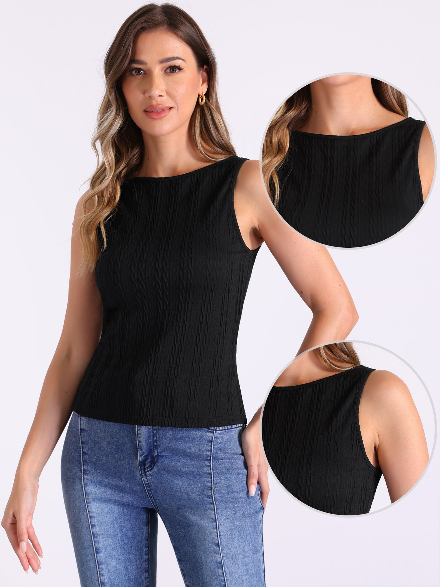 Women's Knit Sleeveless Boat Neck Fitted Textured Tank Top