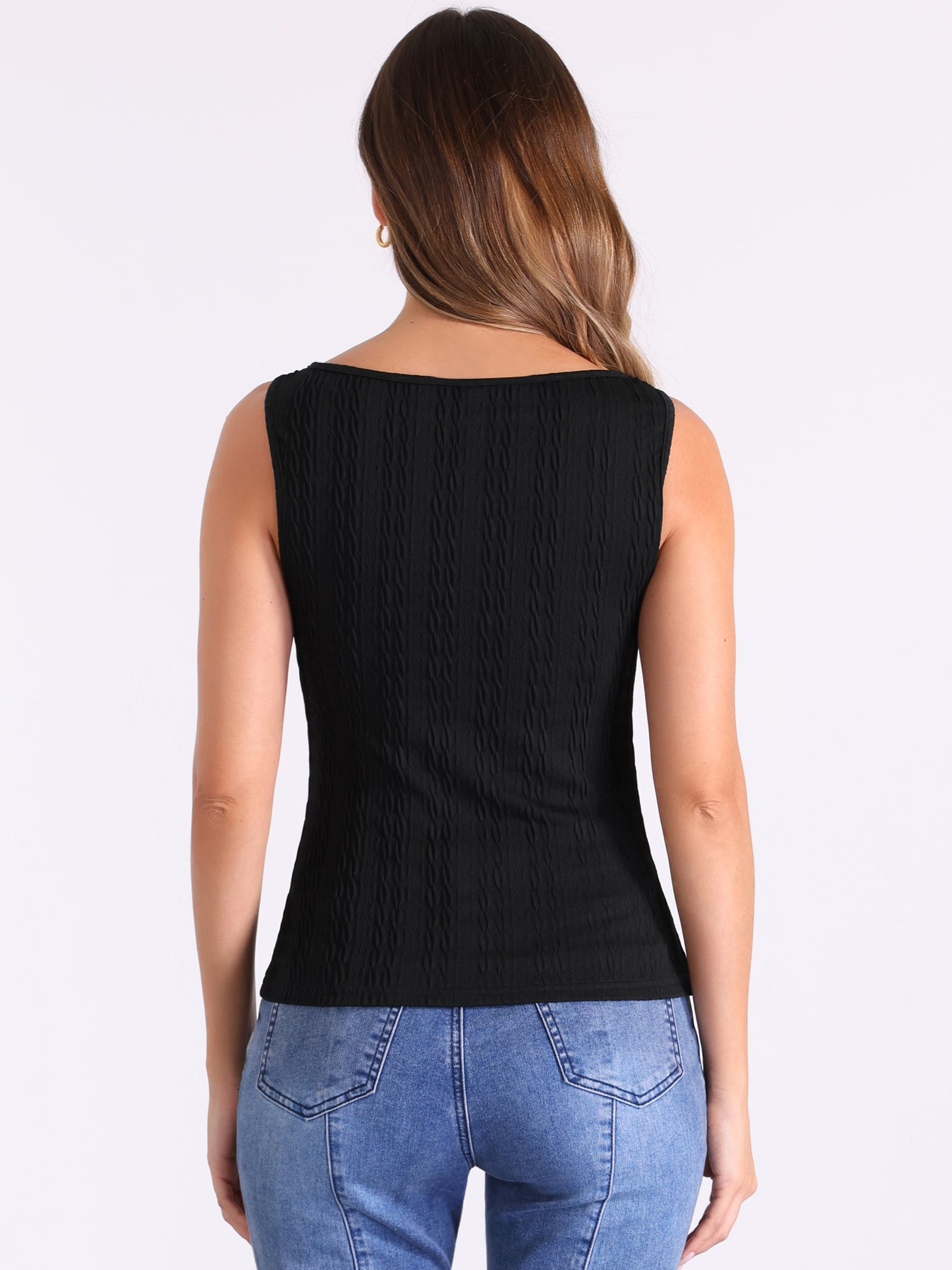 Women's Knit Sleeveless Boat Neck Fitted Textured Tank Top