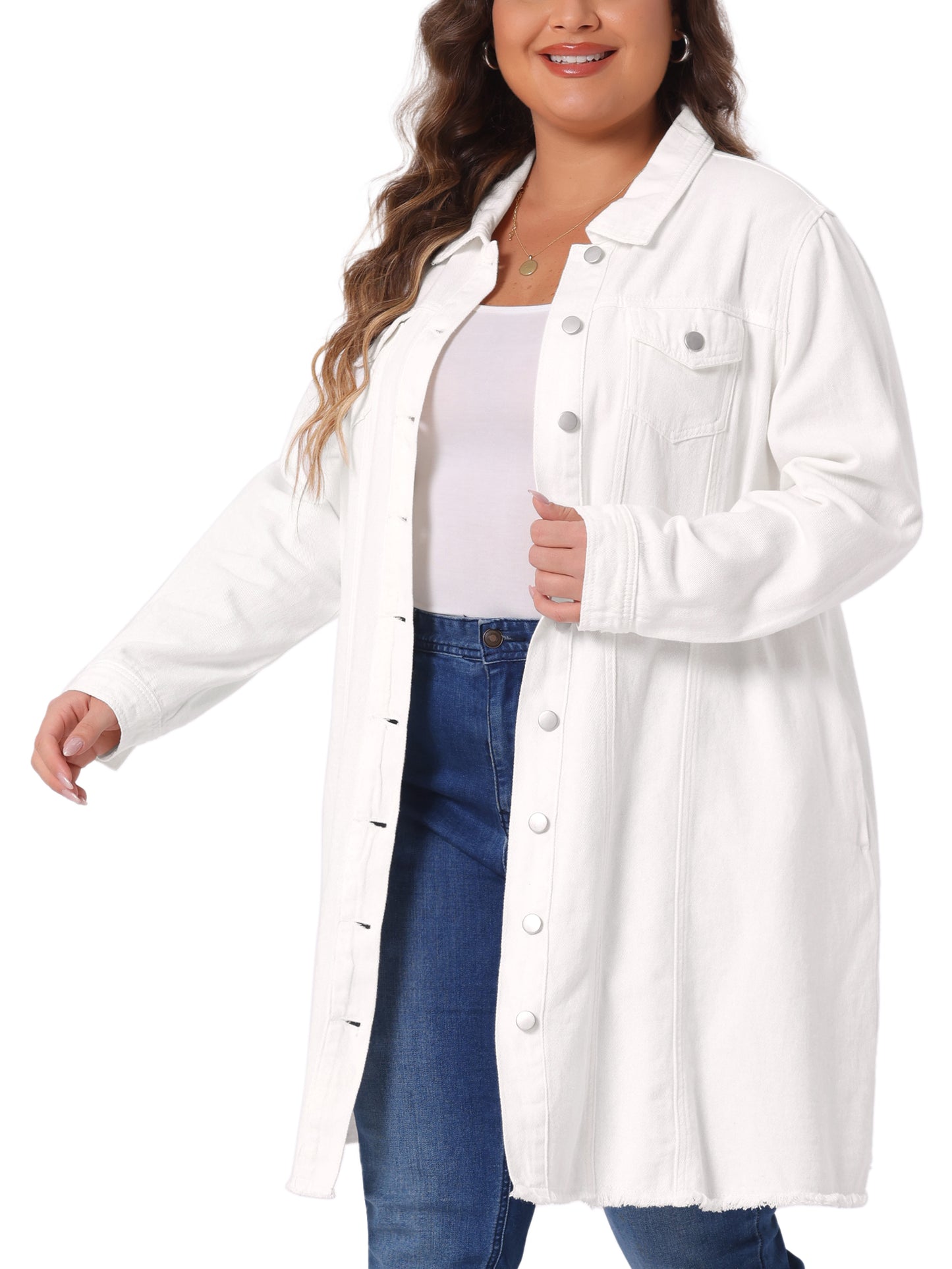 Chaqueta vaquera de talla grande para mujer, informal, larga, desgastada, con botones y bolsillos.