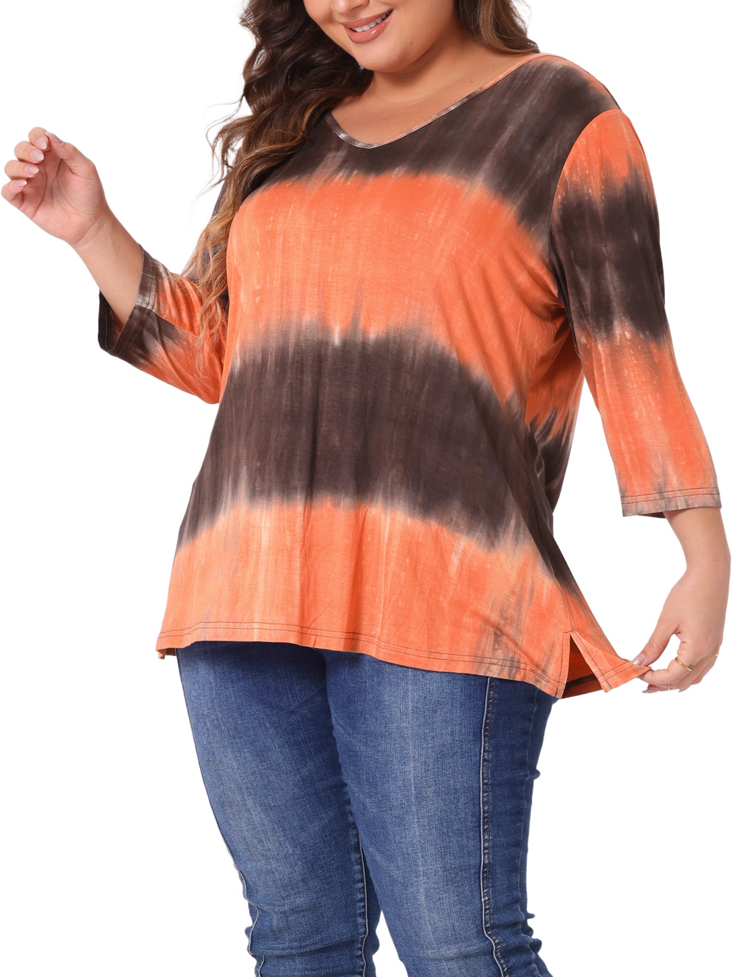 Women Plus Size T Shirt V Neck 3/4 Sleeve Loose Casual Blouse Striped Tie Dye Print