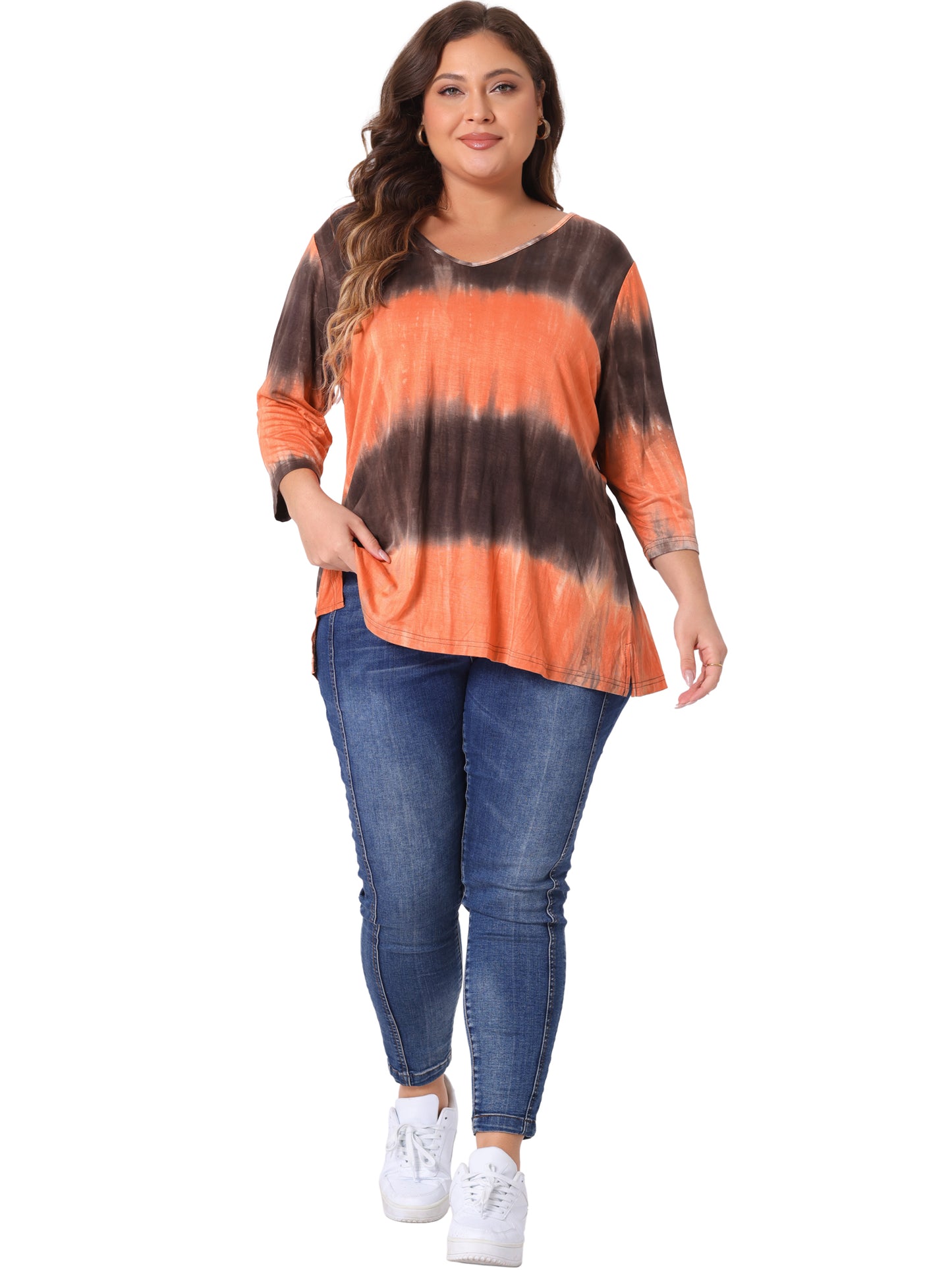 Women Plus Size T Shirt V Neck 3/4 Sleeve Loose Casual Blouse Striped Tie Dye Print