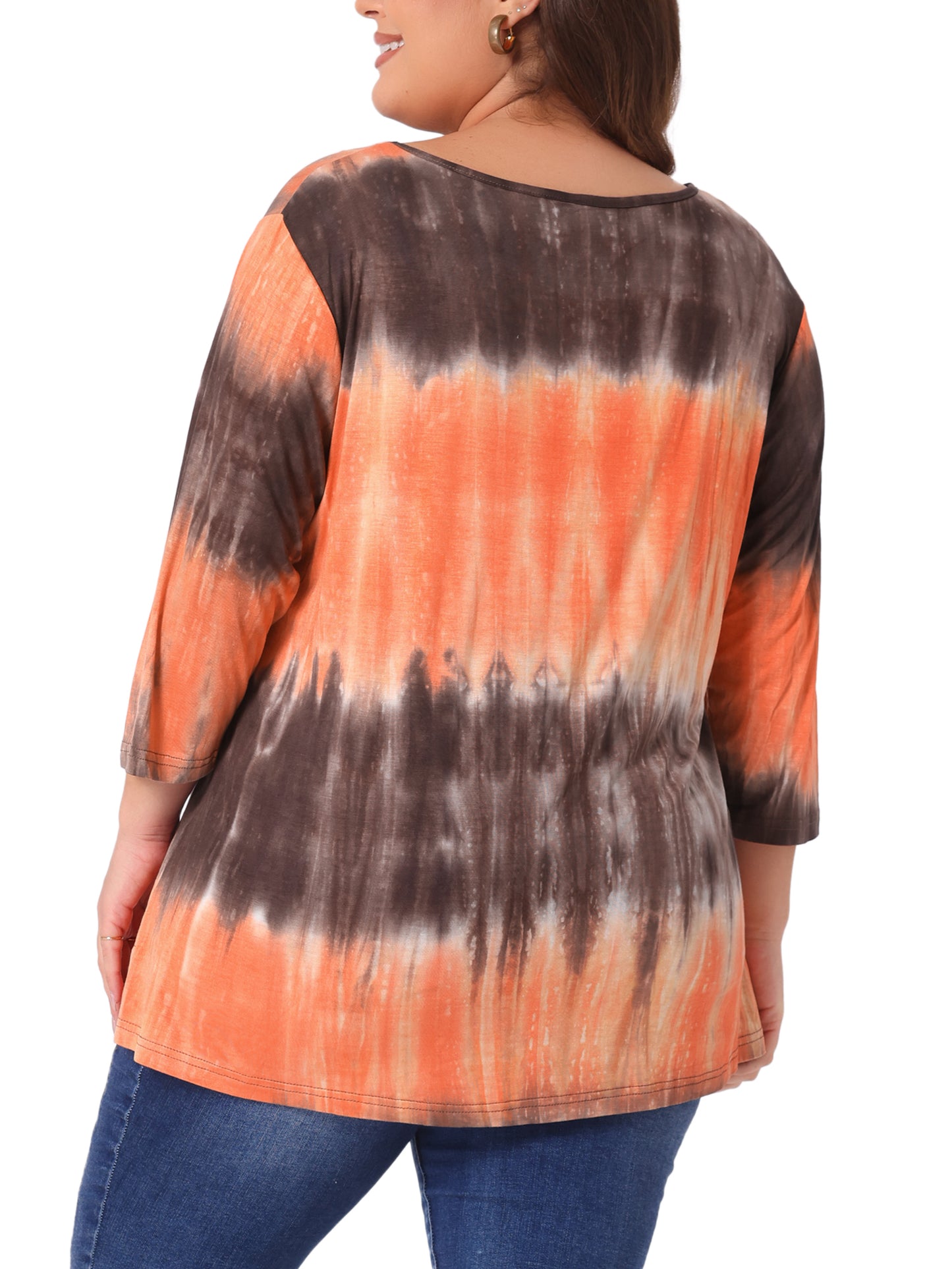 Women Plus Size T Shirt V Neck 3/4 Sleeve Loose Casual Blouse Striped Tie Dye Print