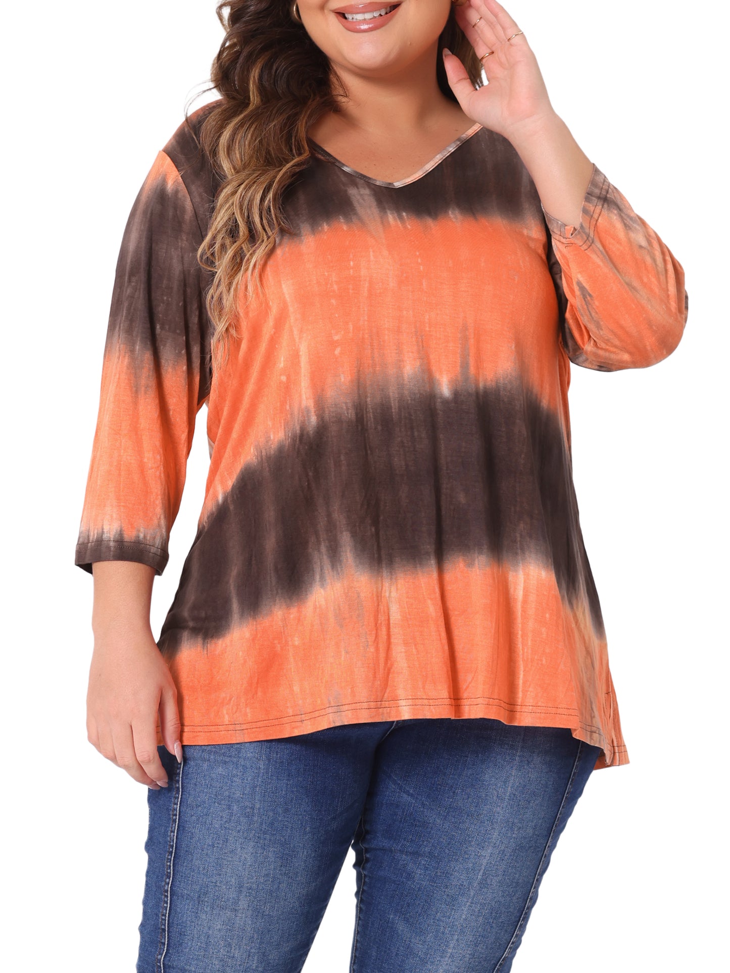 Women Plus Size T Shirt V Neck 3/4 Sleeve Loose Casual Blouse Striped Tie Dye Print