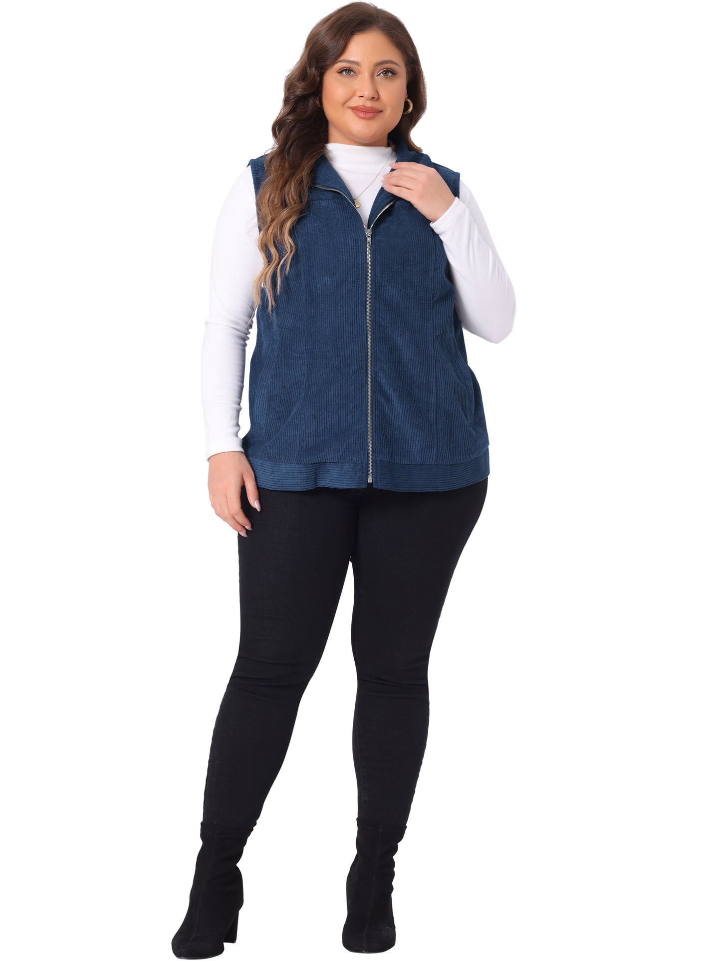 Women Plus Size Sleeveless Vests Casual Zipper Side Pocket Corduroy Vest