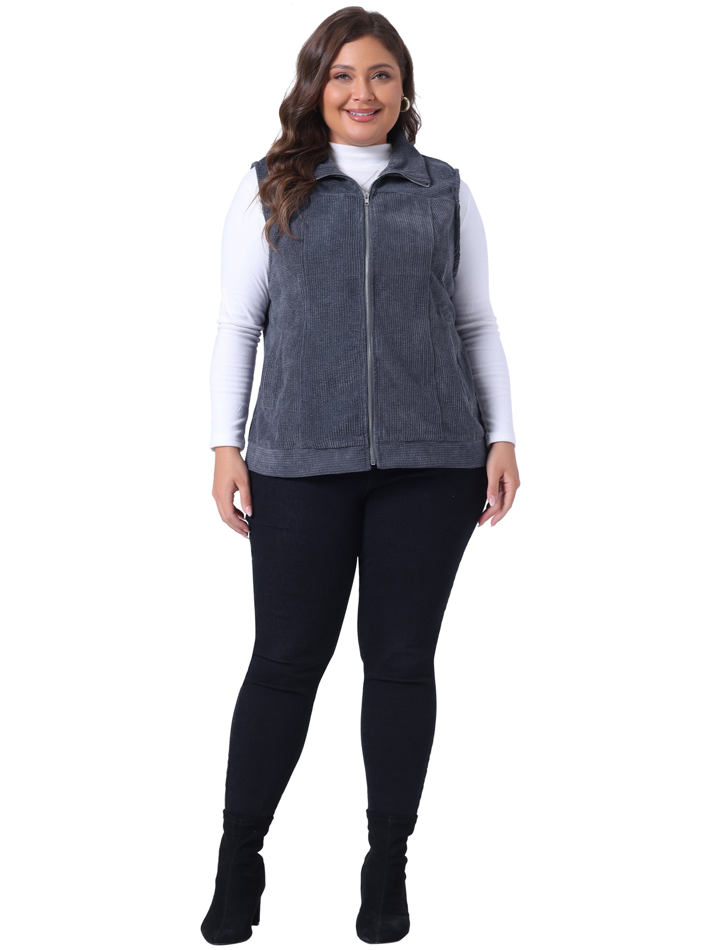 Women Plus Size Sleeveless Vests Casual Zipper Side Pocket Corduroy Vest