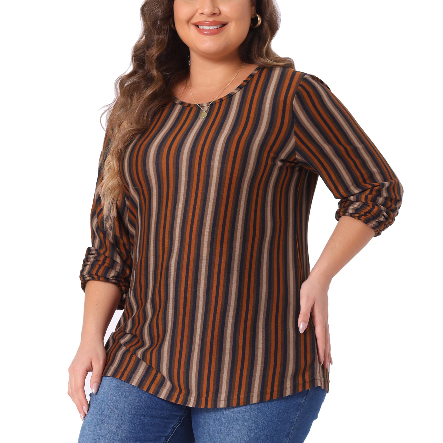 Women Plus Size Boho Color Block Elastic Cuff Long Sleeve Striped Top