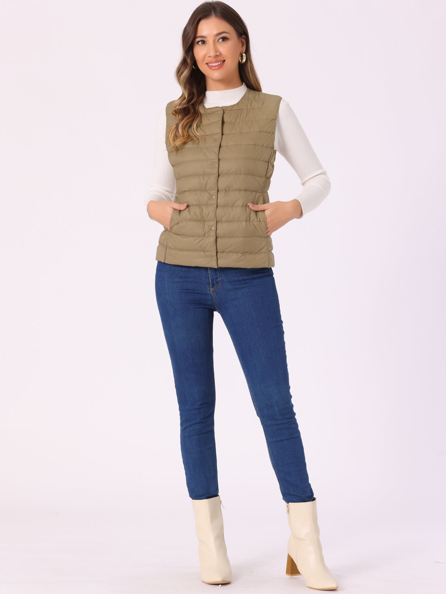 Women's Puffer Vest Sleeveless Lightweight Button Up Quilted Round Neck Outwear