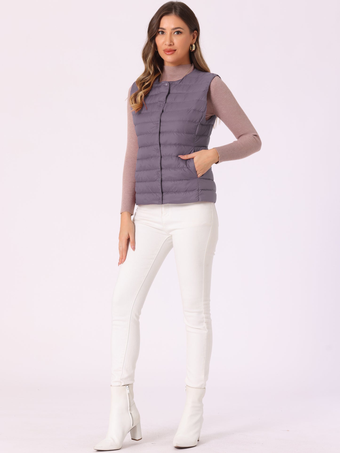 Women's Puffer Vest Sleeveless Lightweight Button Up Quilted Round Neck Outwear