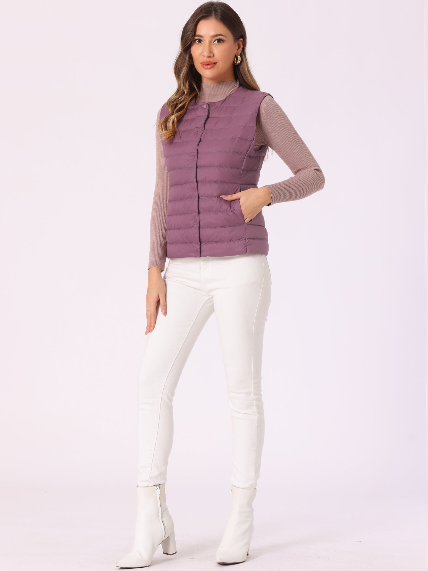 Women's Puffer Vest Sleeveless Lightweight Button Up Quilted Round Neck Outwear