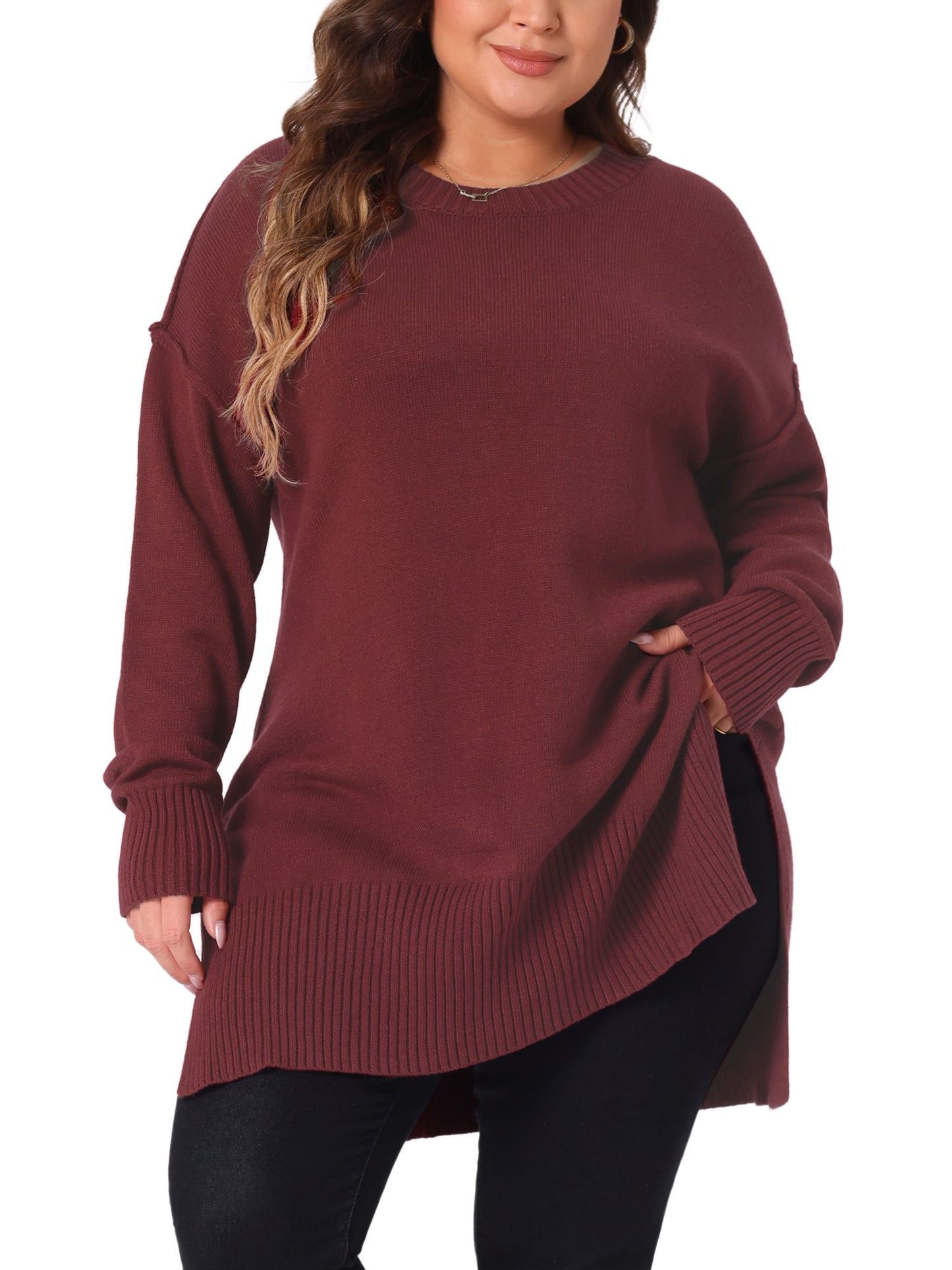 Women Plus Size Sweater Oversized Crew Neck Long Sleeve Slit hem Knit Pullover Sweater Tops