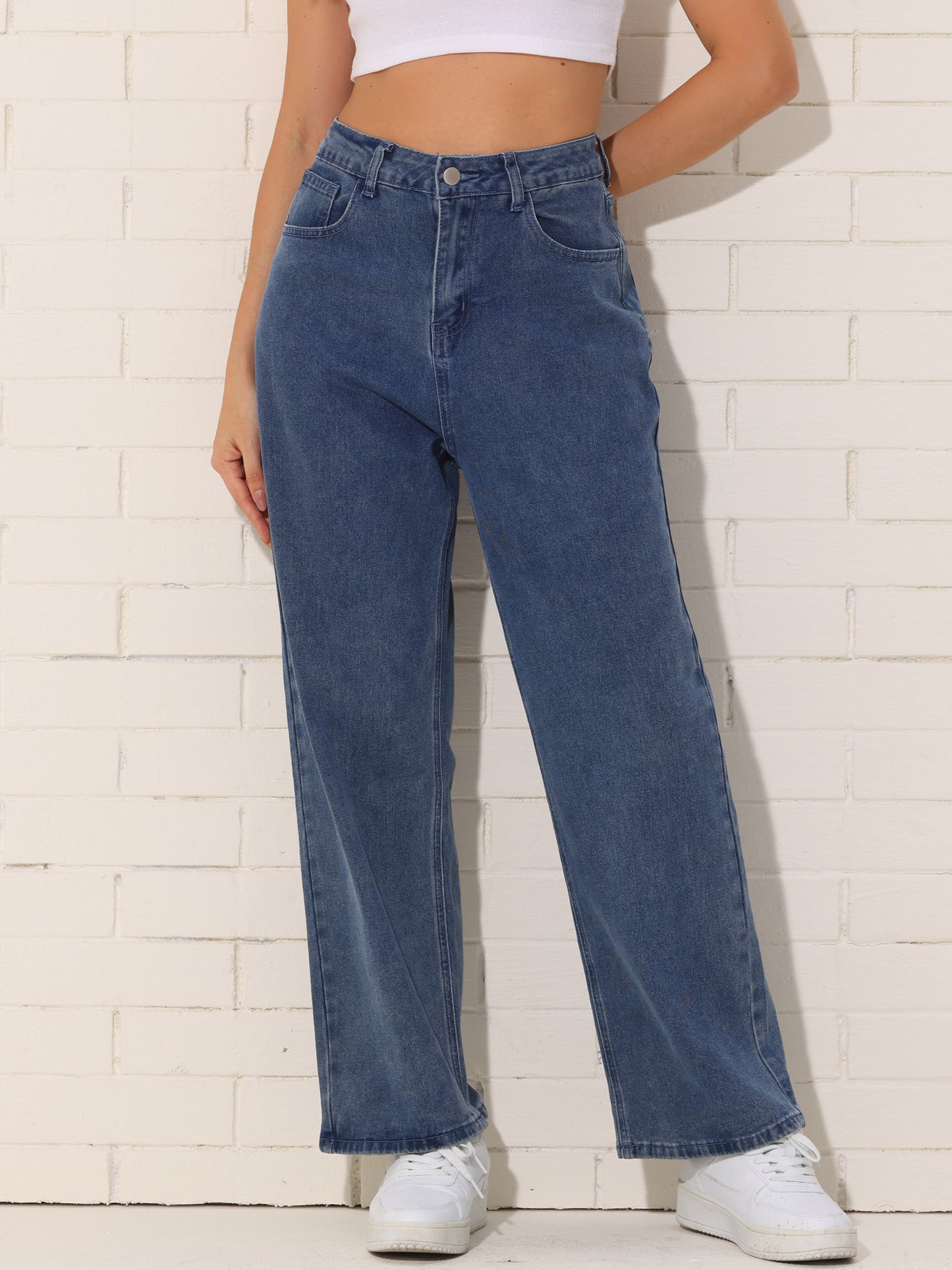 Women's Casual Straight Leg Jeans High Elastic Waisted Stretch Denim Pants with Pockets