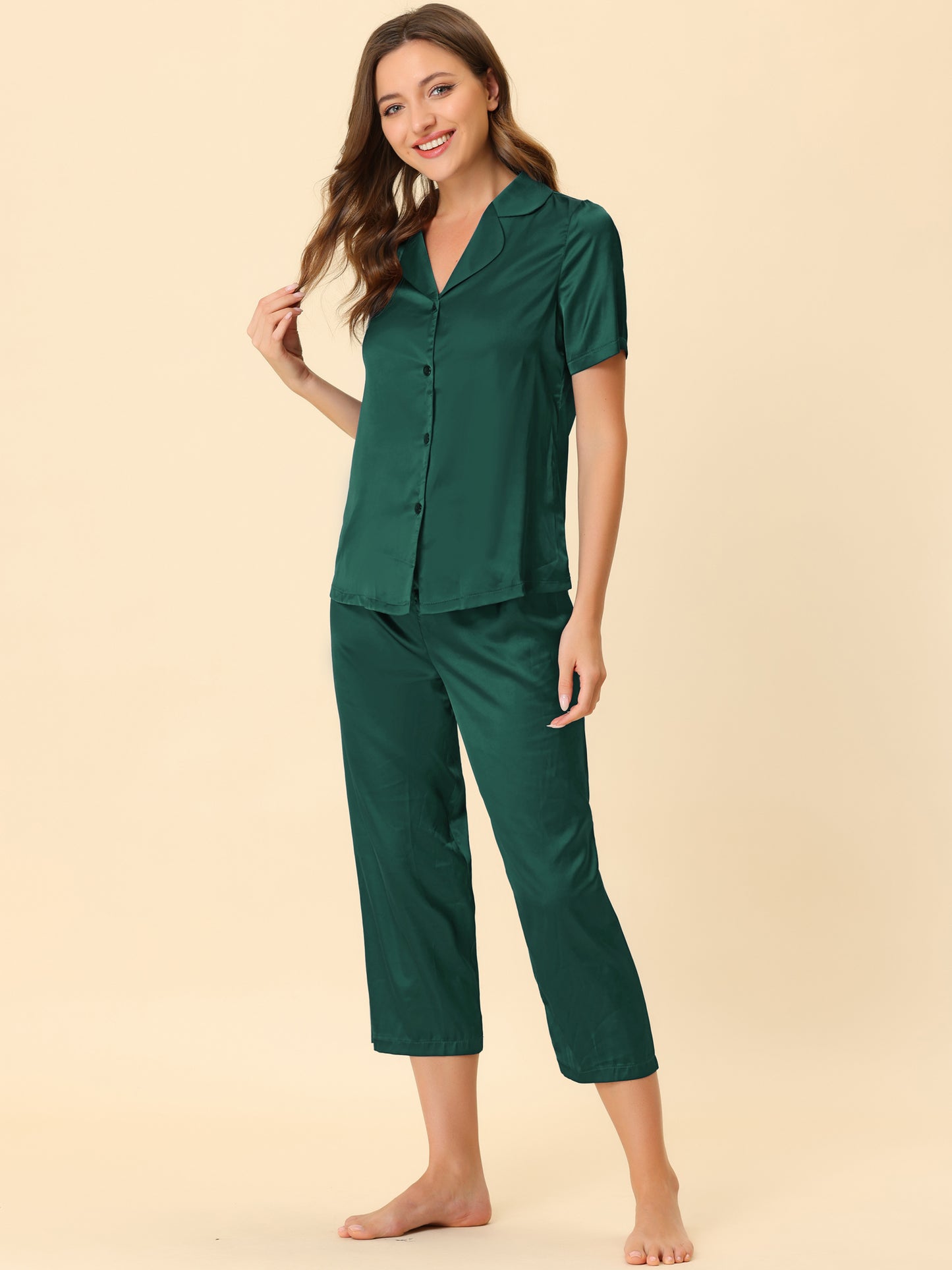 Women's Satin Pajamas Sleepwear Button Down Lounge Silk Pjs Set with Capri Pants