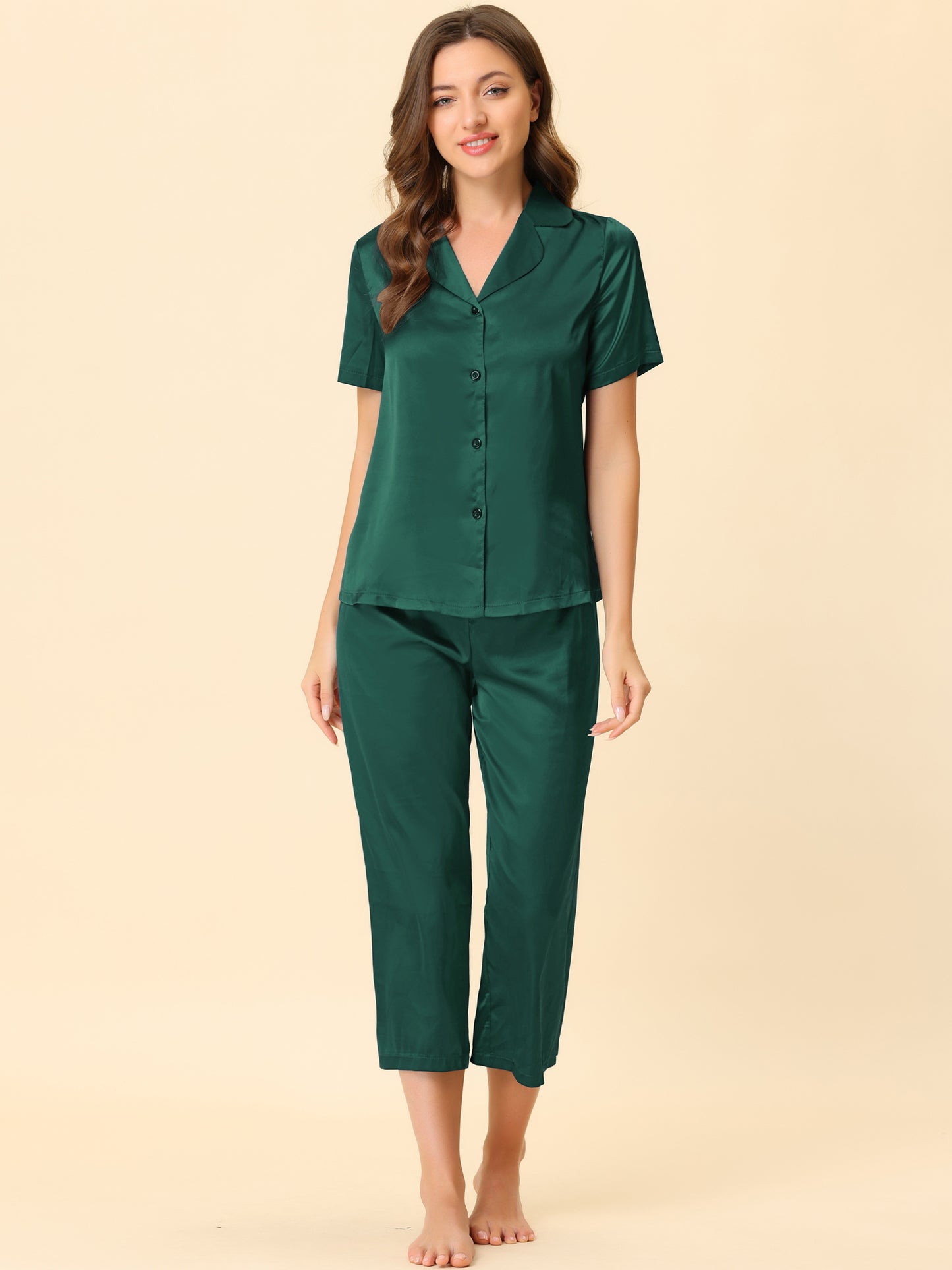 Women's Satin Pajamas Sleepwear Button Down Lounge Silk Pjs Set with Capri Pants