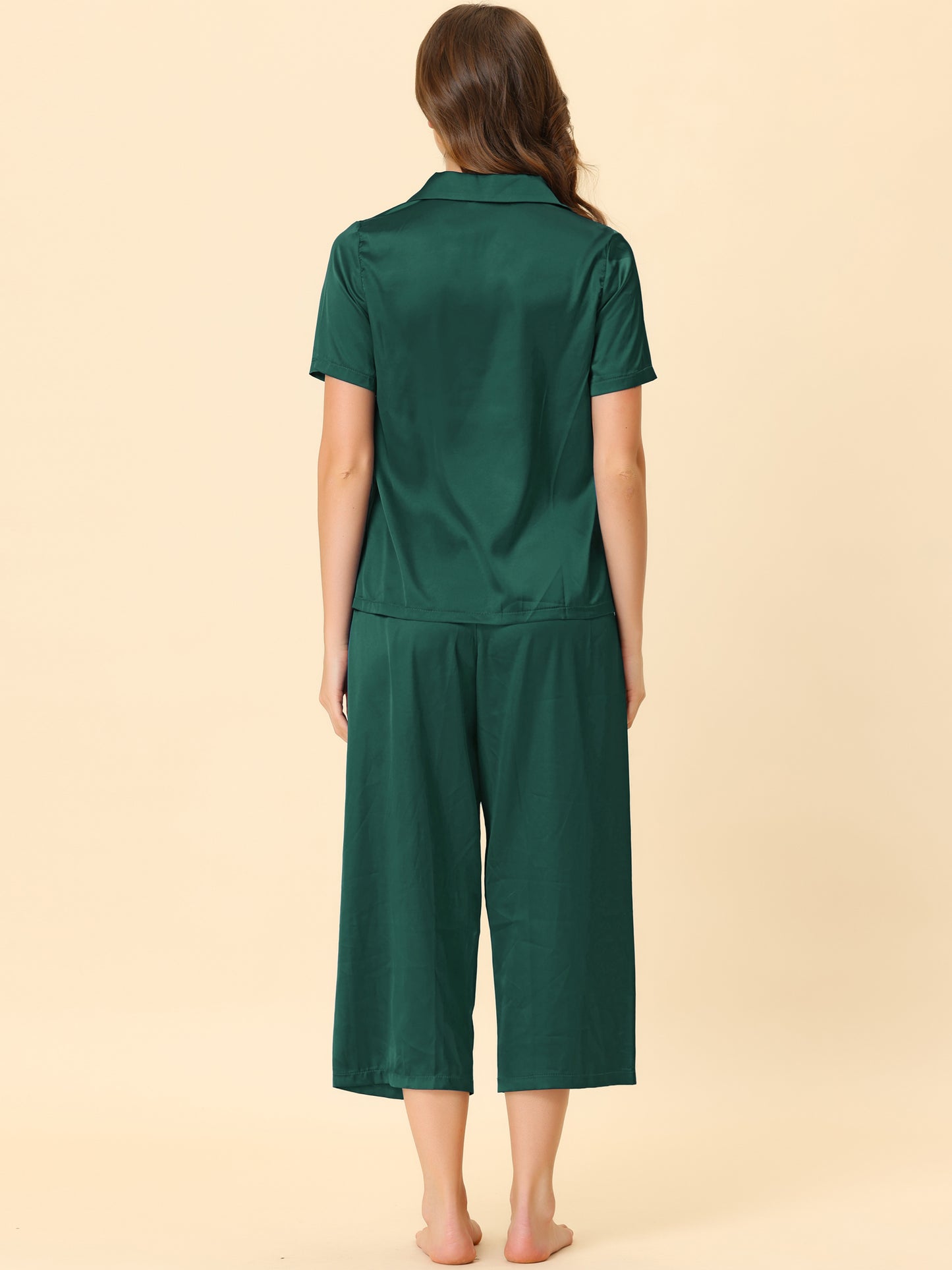 Women's Satin Pajamas Sleepwear Button Down Lounge Silk Pjs Set with Capri Pants