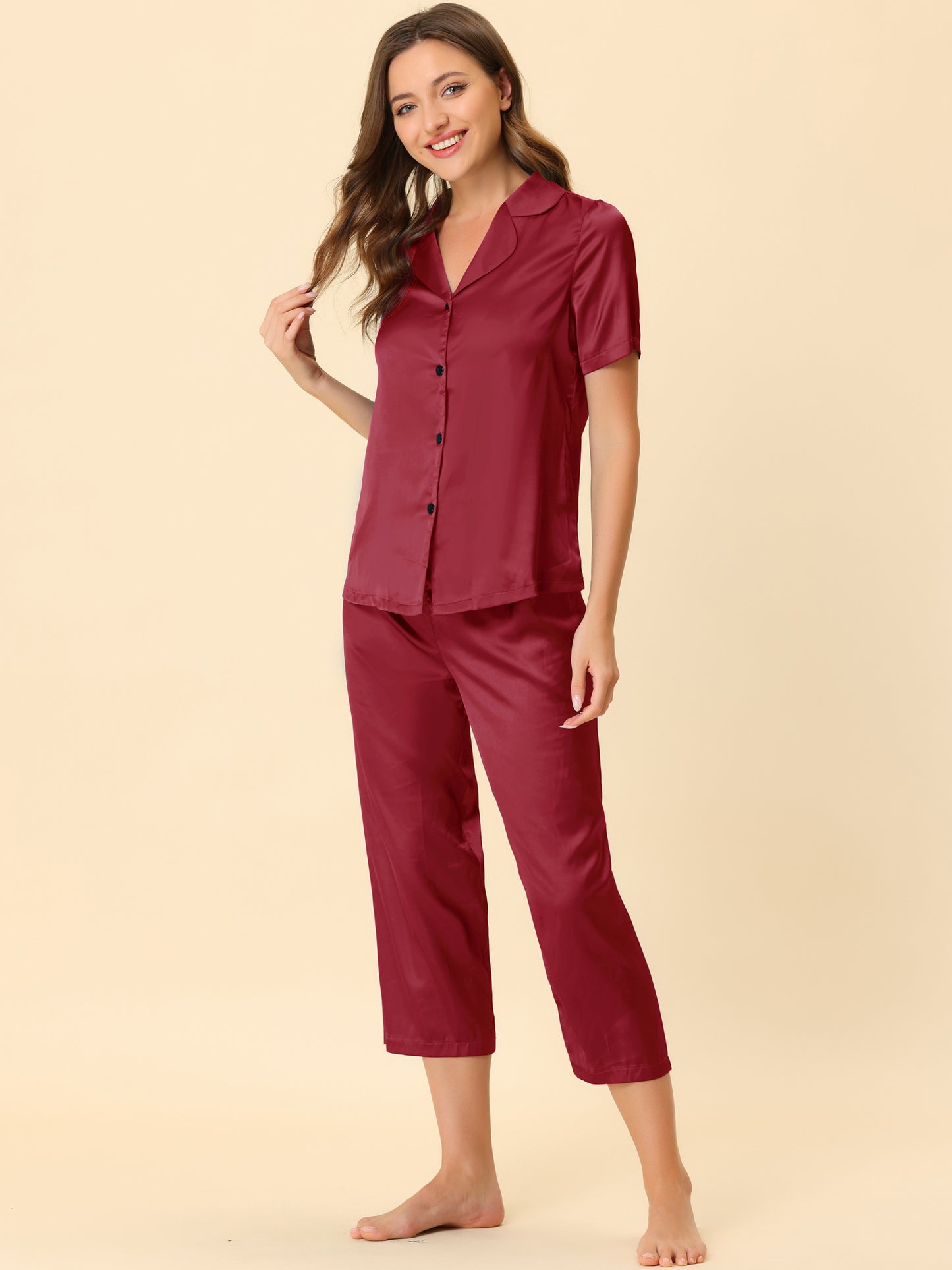 Women's Satin Pajamas Sleepwear Button Down Lounge Silk Pjs Set with Capri Pants