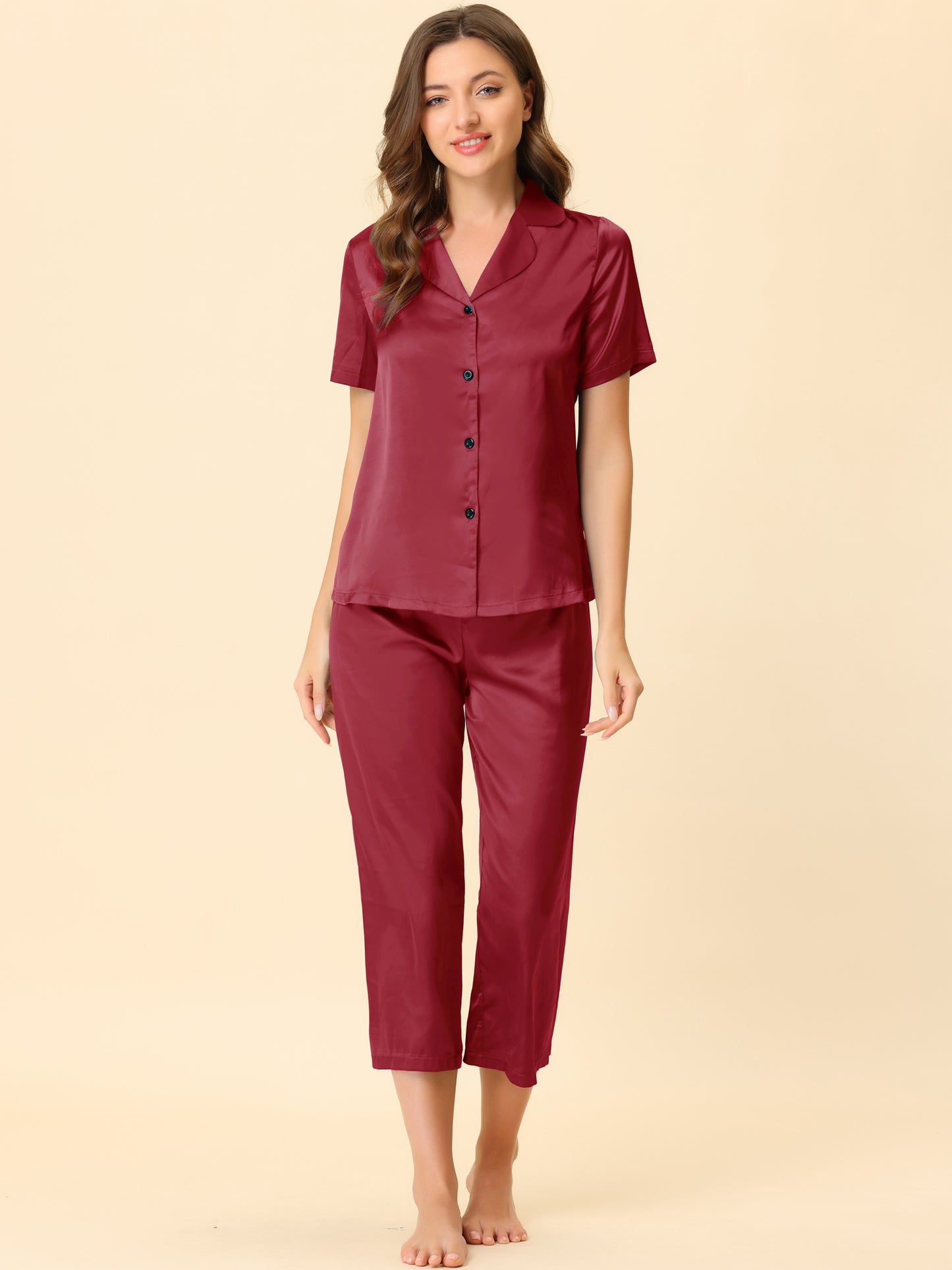 Women's Satin Pajamas Sleepwear Button Down Lounge Silk Pjs Set with Capri Pants