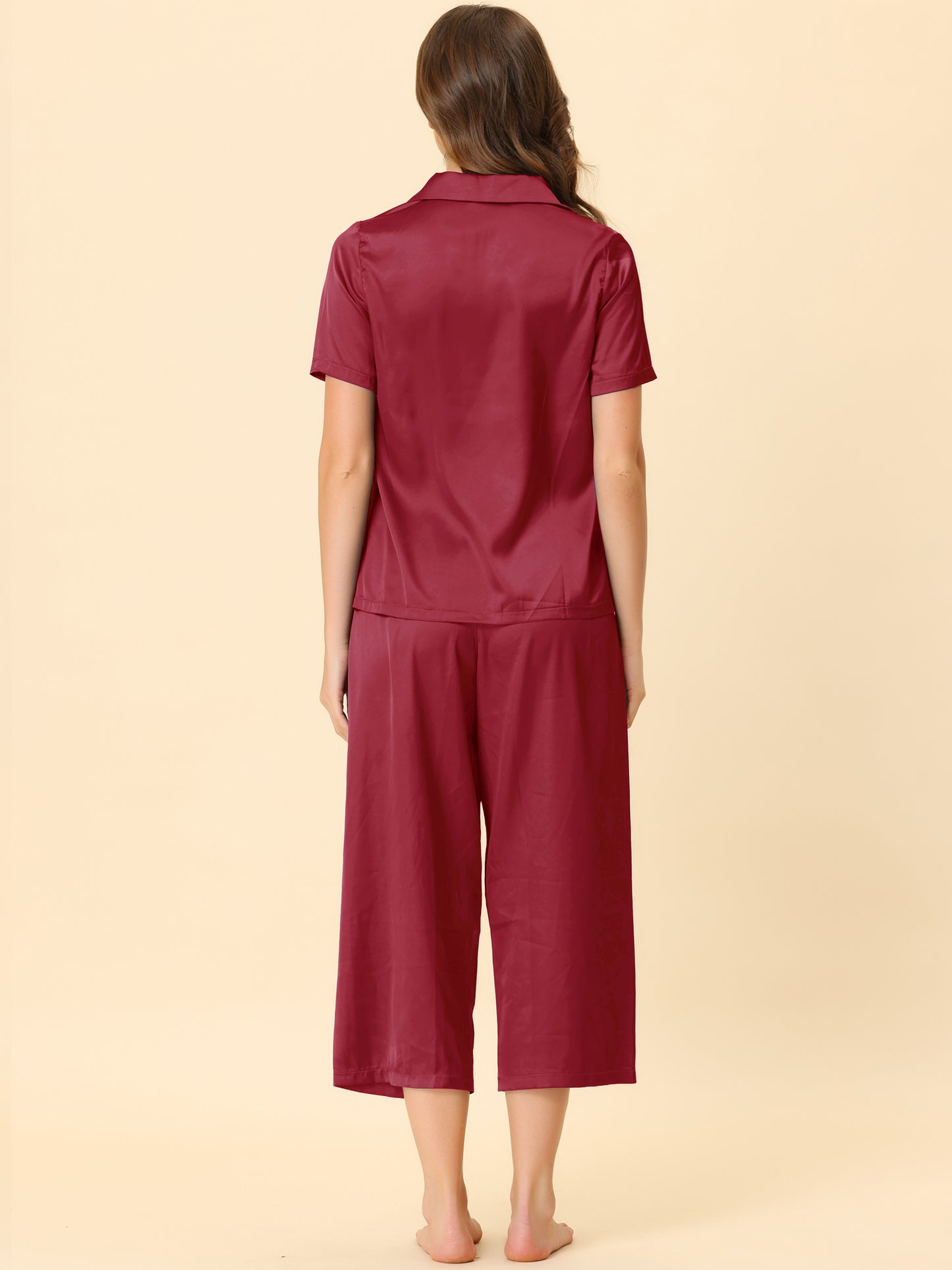 Women's Satin Pajamas Sleepwear Button Down Lounge Silk Pjs Set with Capri Pants